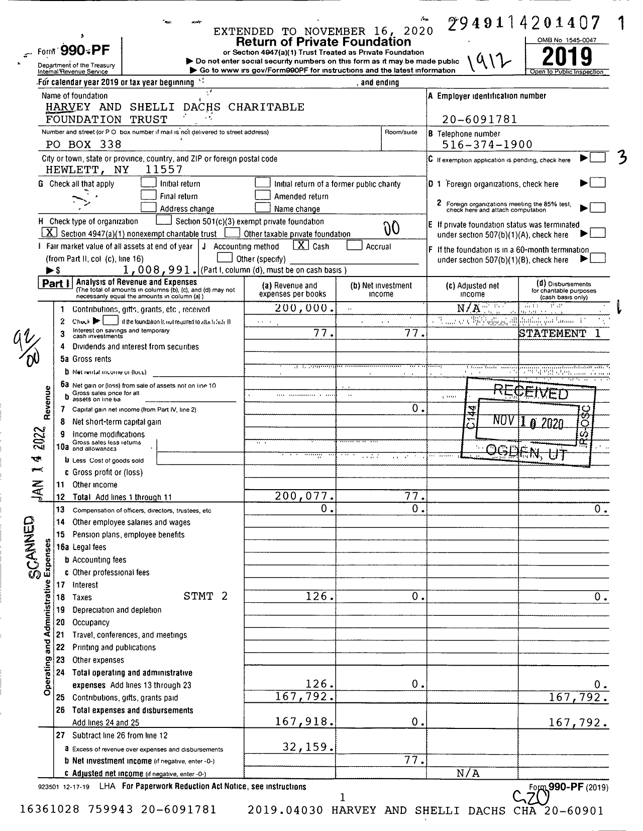 Image of first page of 2019 Form 990PF for Harvey and Shelli Dachs Charitable Foundation Trust