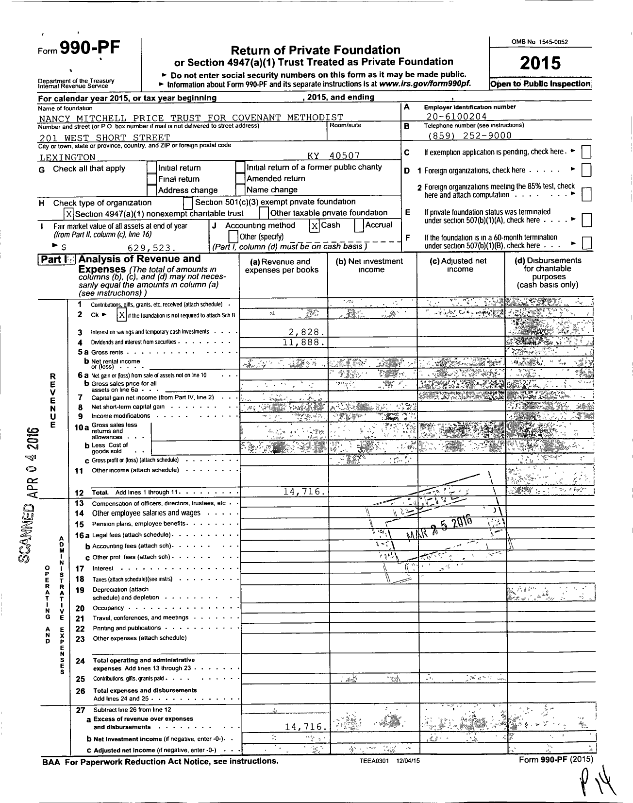 Image of first page of 2015 Form 990PF for Nancy Mitchell Price Trust for Covenant Methodist