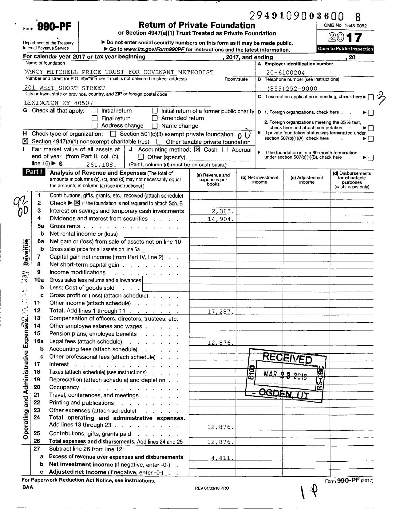 Image of first page of 2017 Form 990PF for Nancy Mitchell Price Trust for Covenant Methodist