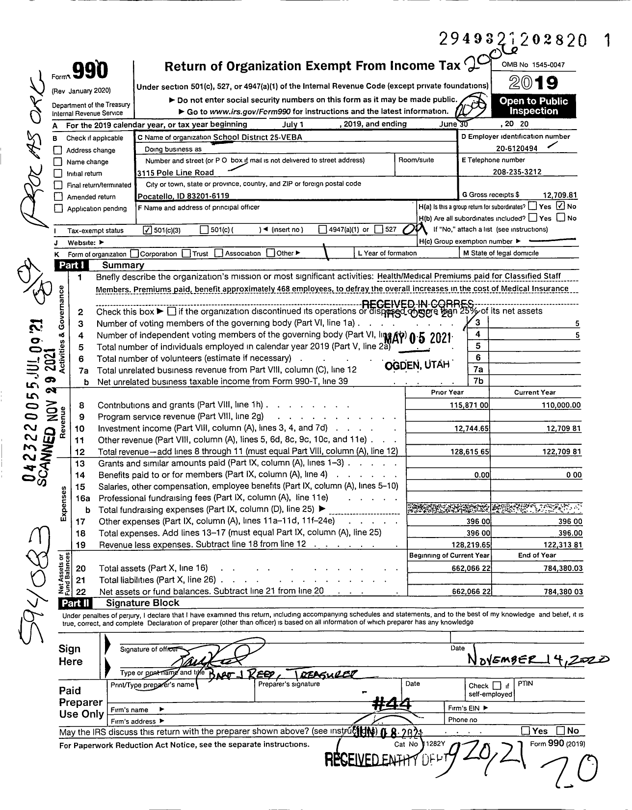 Image of first page of 2019 Form 990O for School District 25-veba