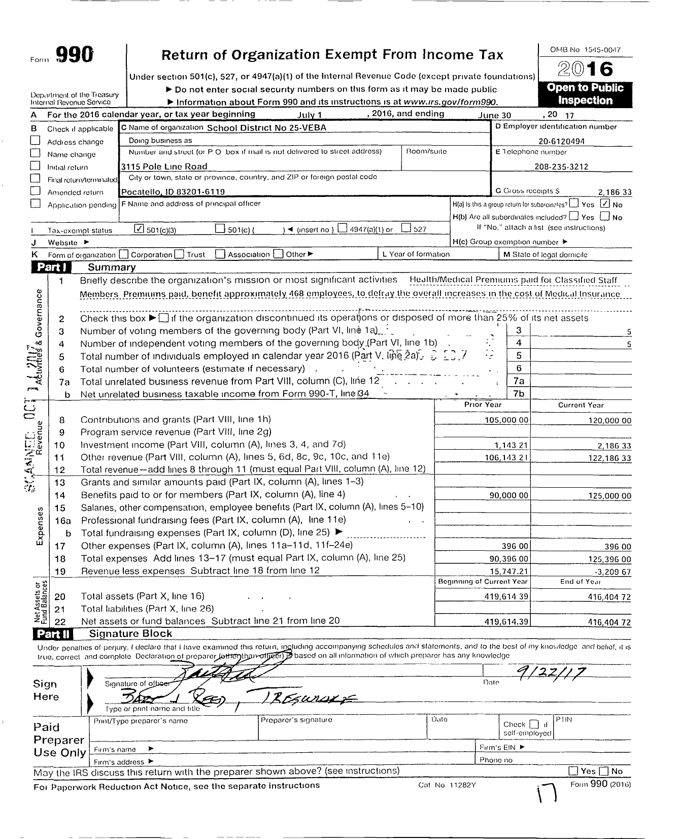 Image of first page of 2016 Form 990 for School District 25-veba