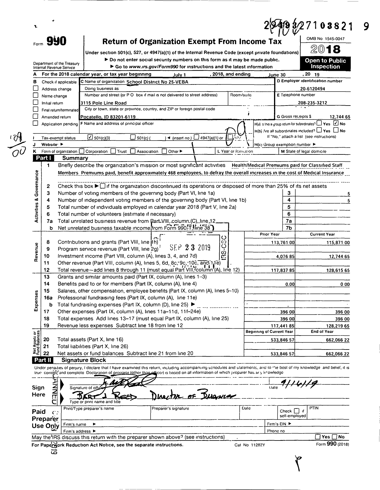 Image of first page of 2018 Form 990O for School District 25-veba