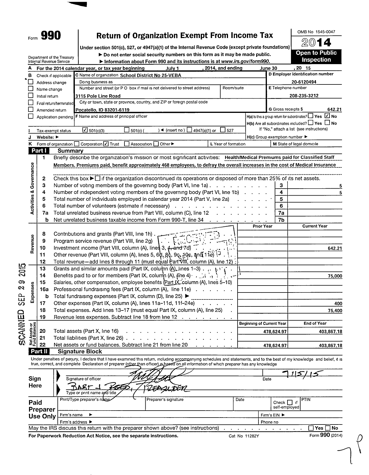 Image of first page of 2014 Form 990 for School District 25-veba
