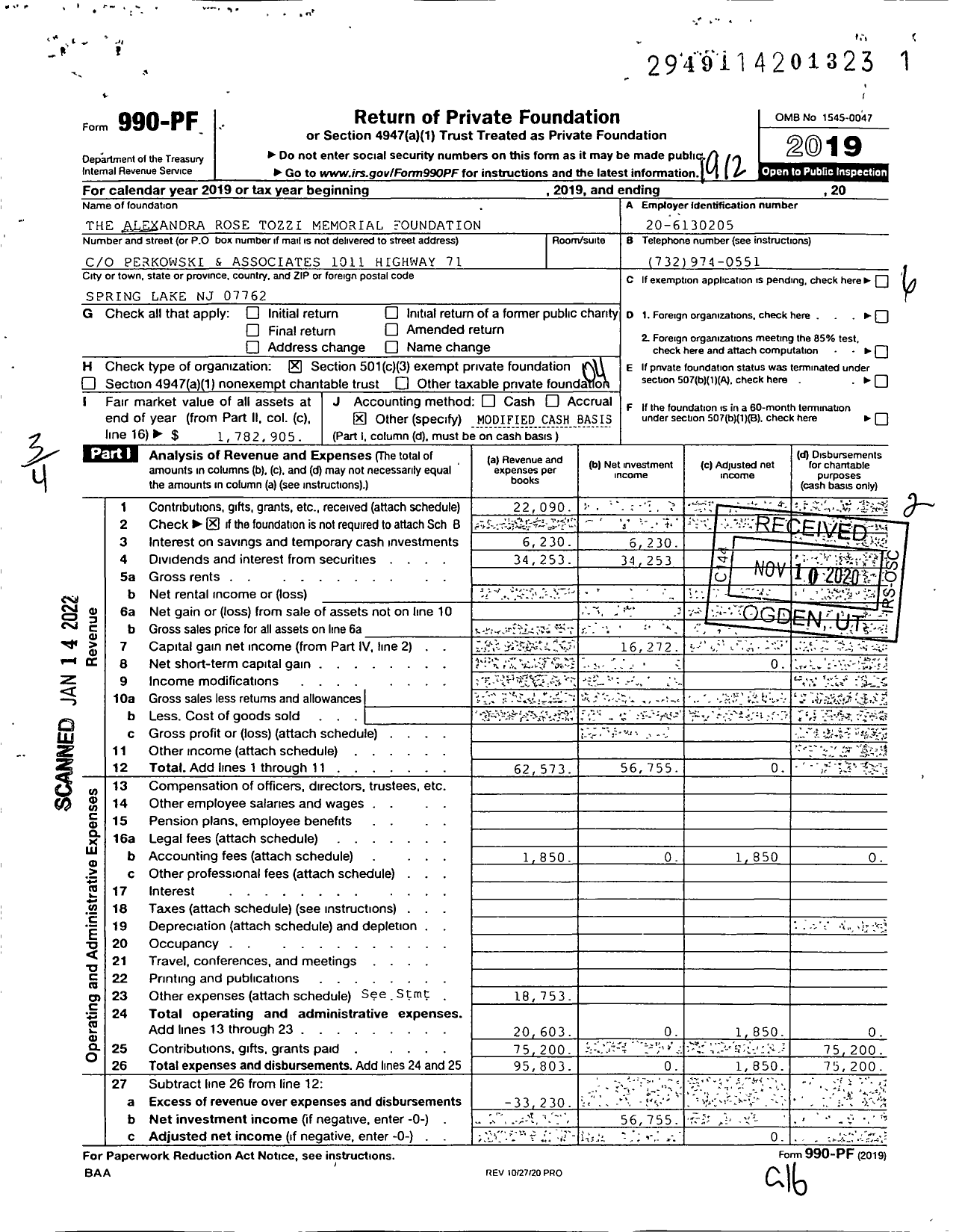 Image of first page of 2019 Form 990PF for The Alexandra Rose Tozzi Memorial Foundation