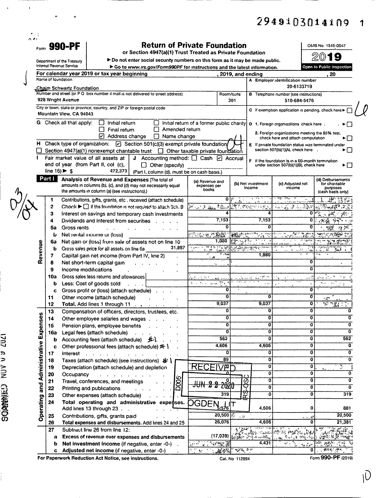 Image of first page of 2019 Form 990PF for Chaim Schwartz Foundation