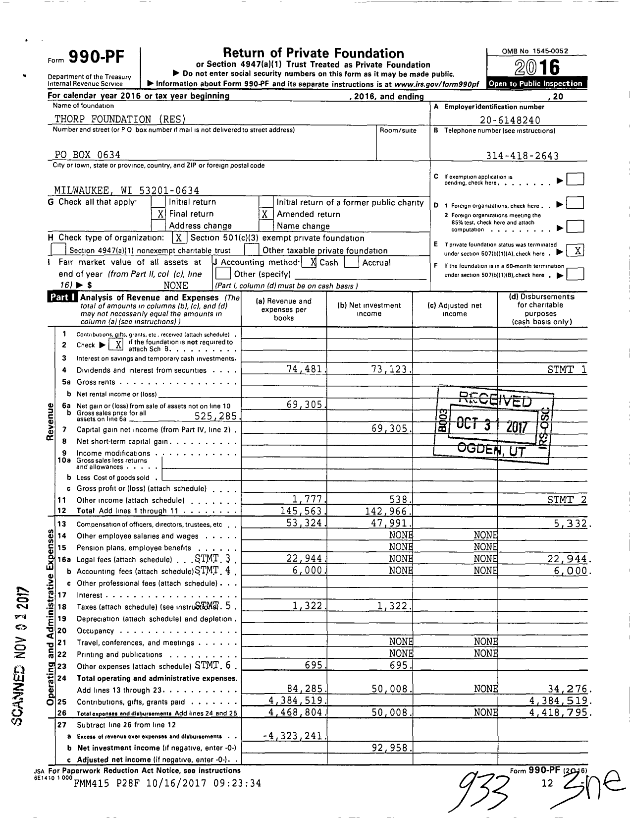 Image of first page of 2016 Form 990PF for Thorp Foundation