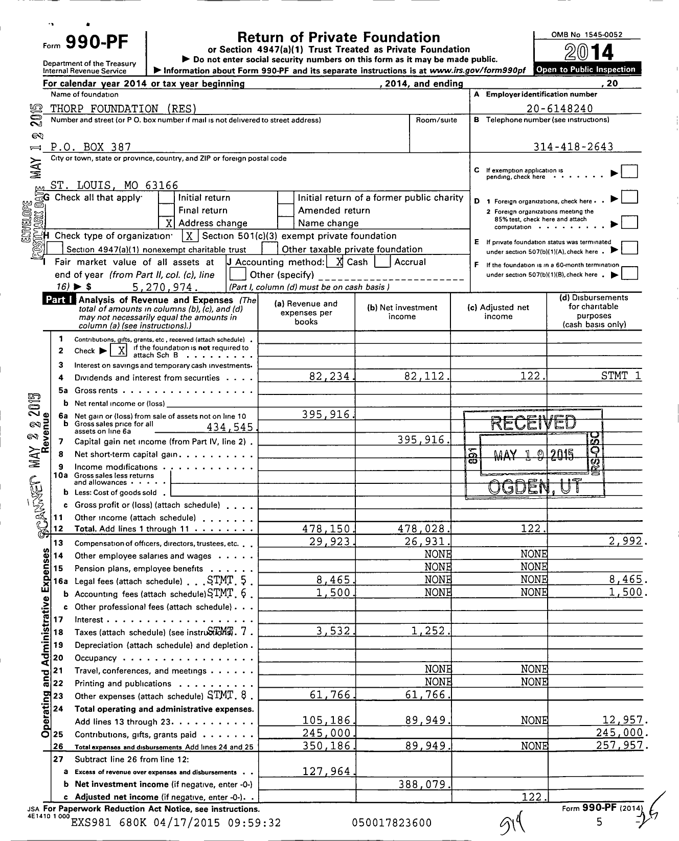 Image of first page of 2014 Form 990PF for Thorp Foundation