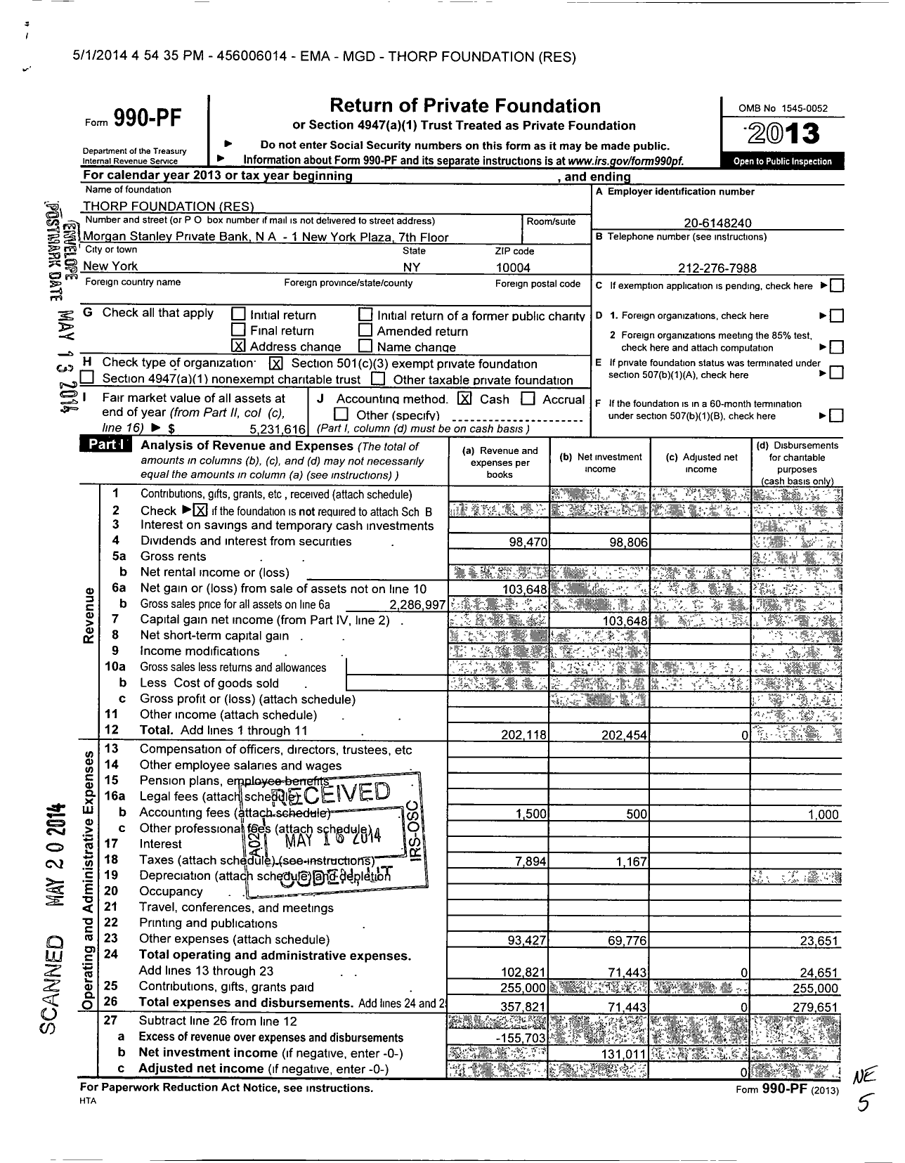 Image of first page of 2013 Form 990PF for Thorp Foundation