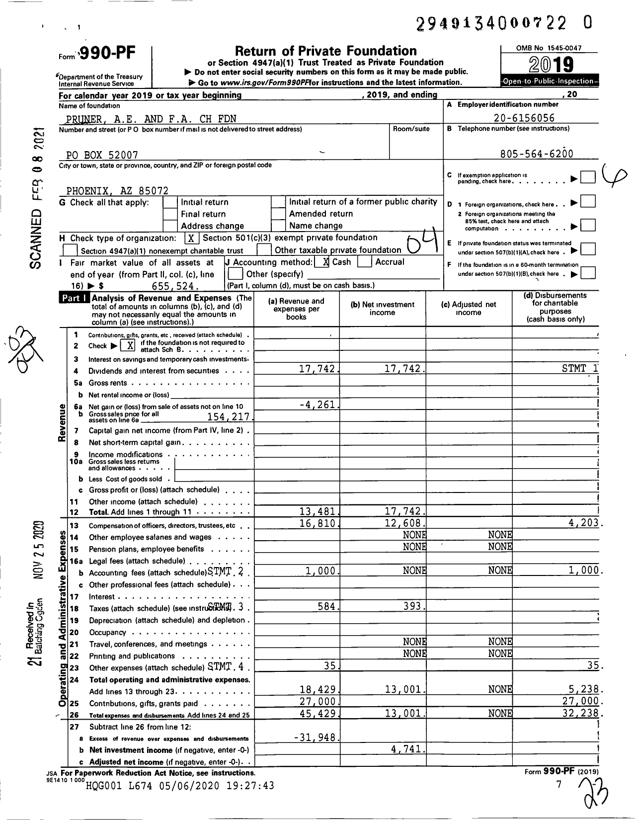 Image of first page of 2019 Form 990PF for Pruner Ae and Fa CH Foundation