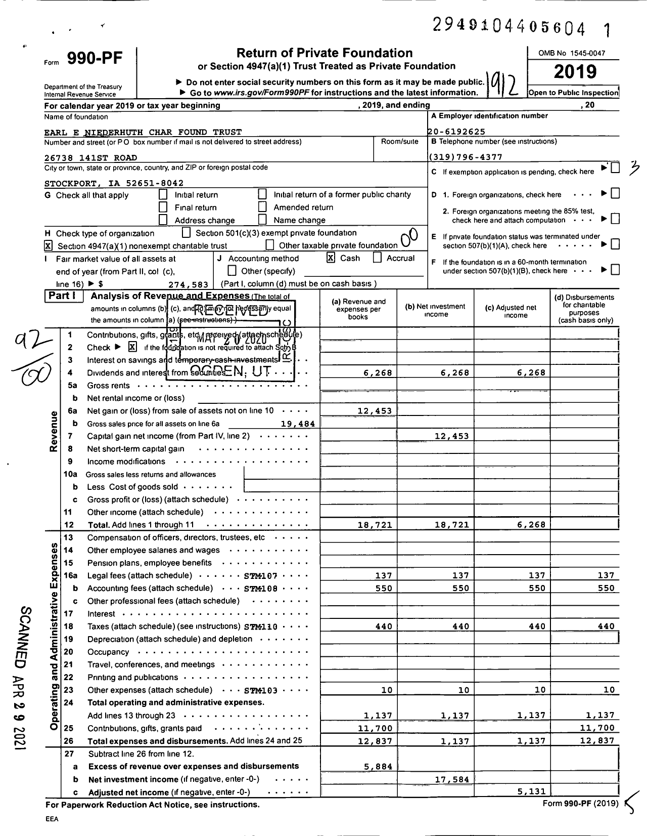 Image of first page of 2019 Form 990PF for Earl E Niederhuth Char Found Trust