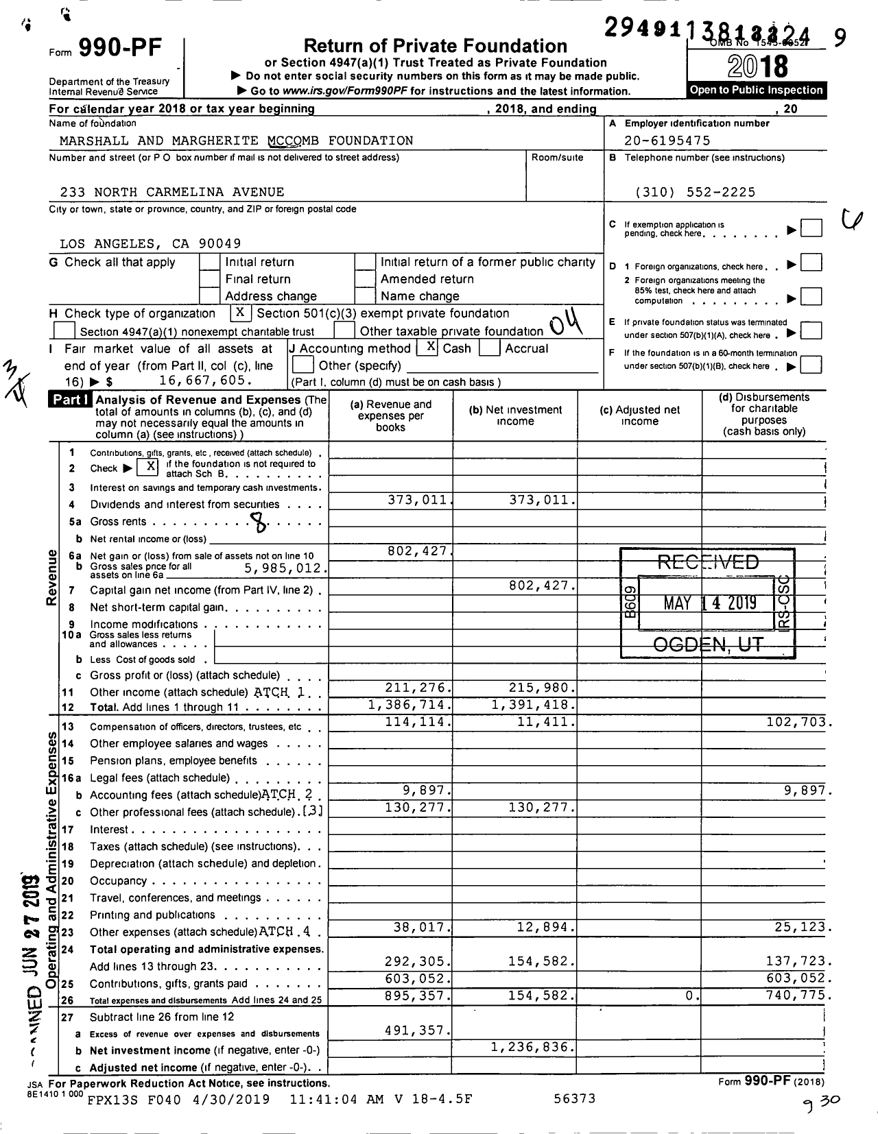 Image of first page of 2018 Form 990PF for Marshall and Margherite Mccomb Foundation