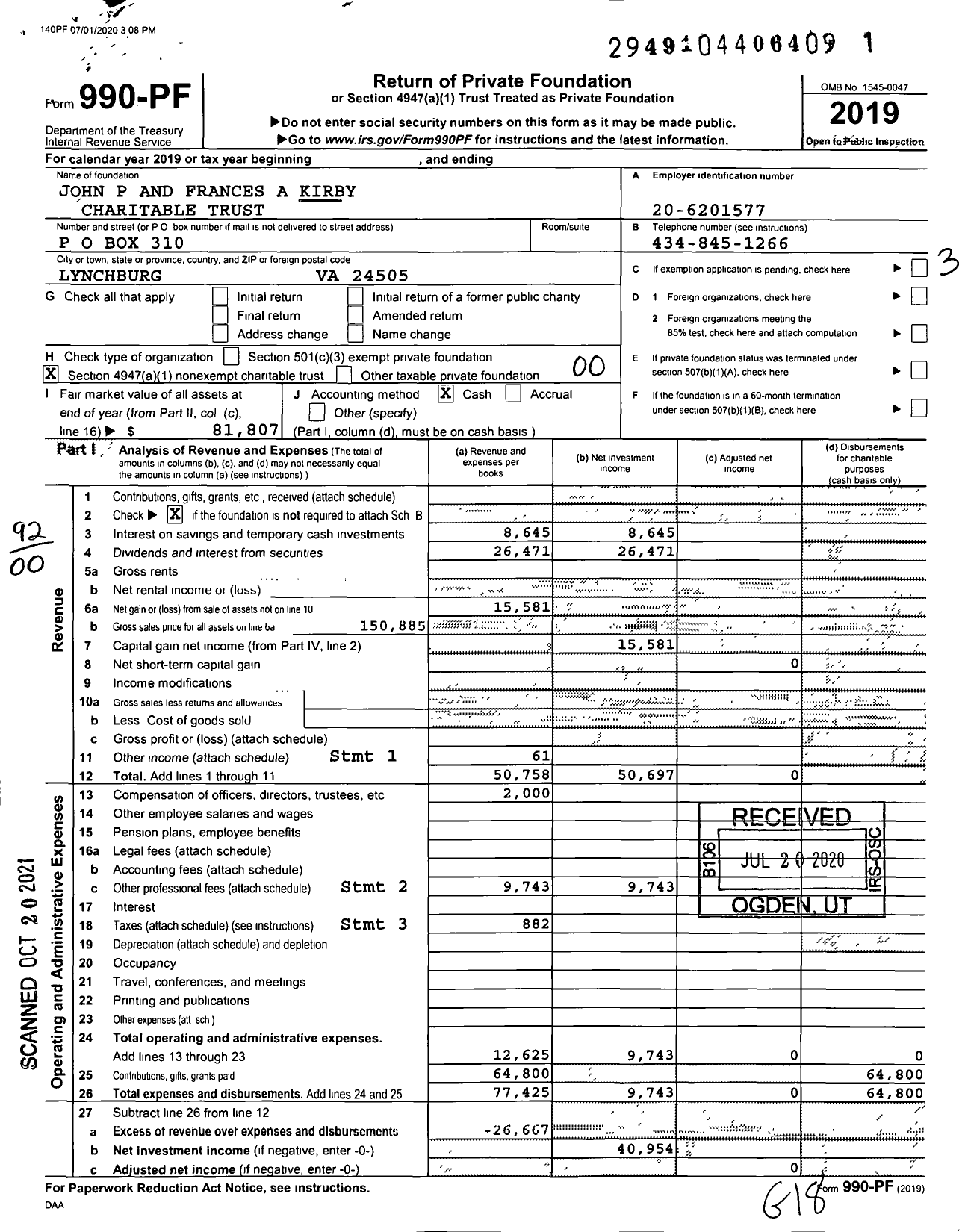 Image of first page of 2019 Form 990PF for John P and Frances A Kirby Charitable Trust