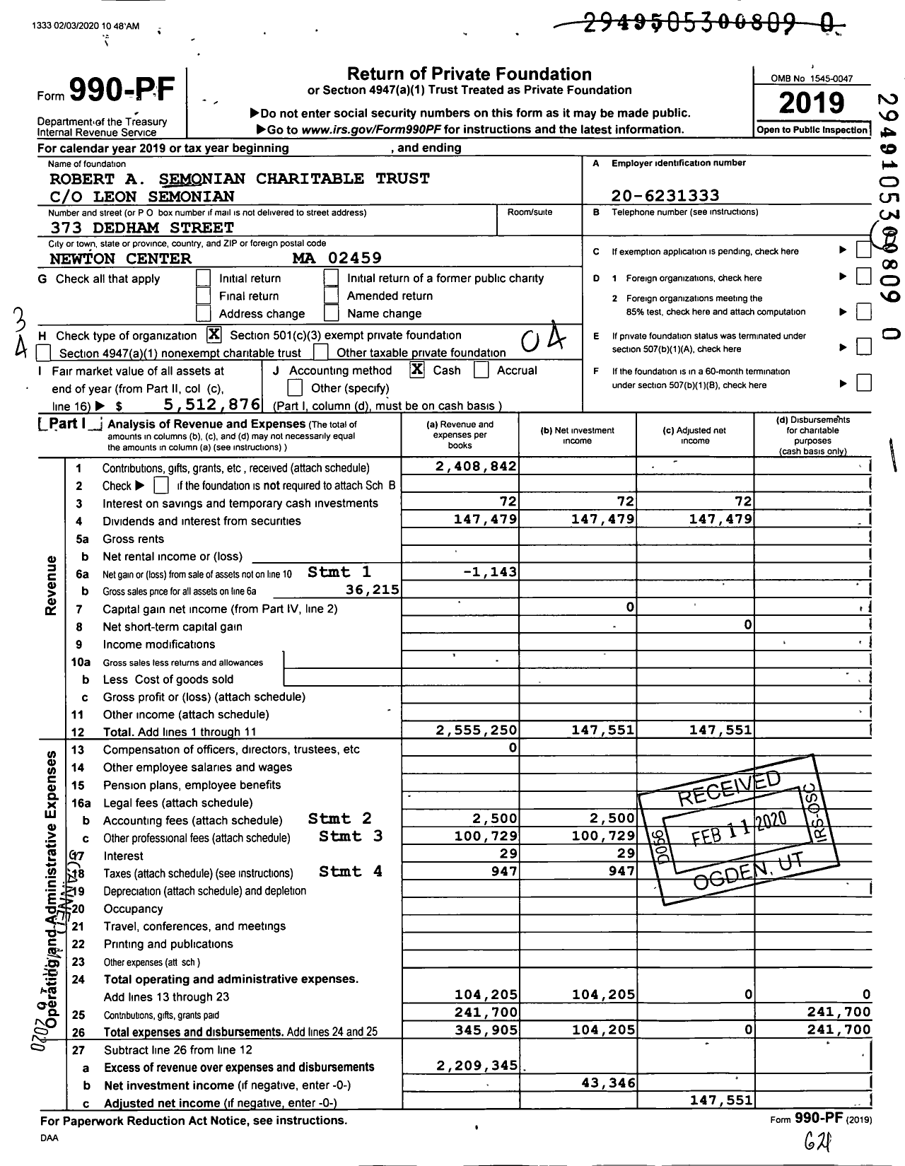 Image of first page of 2019 Form 990PR for Robert A Semonian Charitable Trust