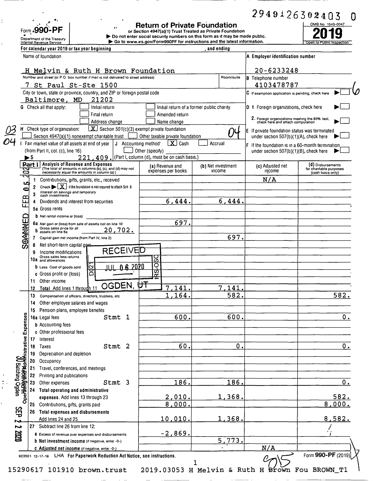 Image of first page of 2019 Form 990PF for H Melvin & Ruth H Brown Foundation