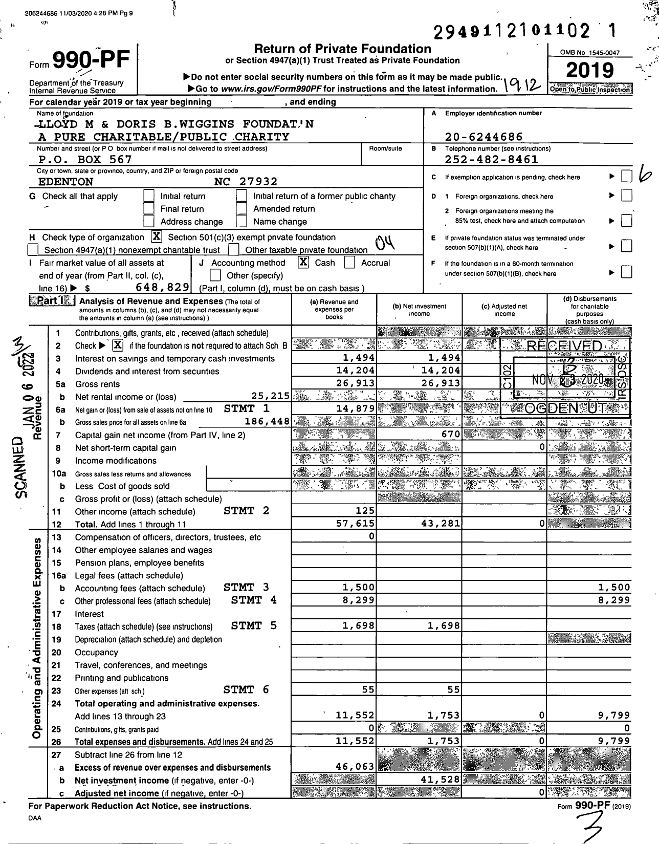 Image of first page of 2019 Form 990PF for Lloyd M and Doris Bwiggins Foundat'n A Pure Charitable / Public Charity