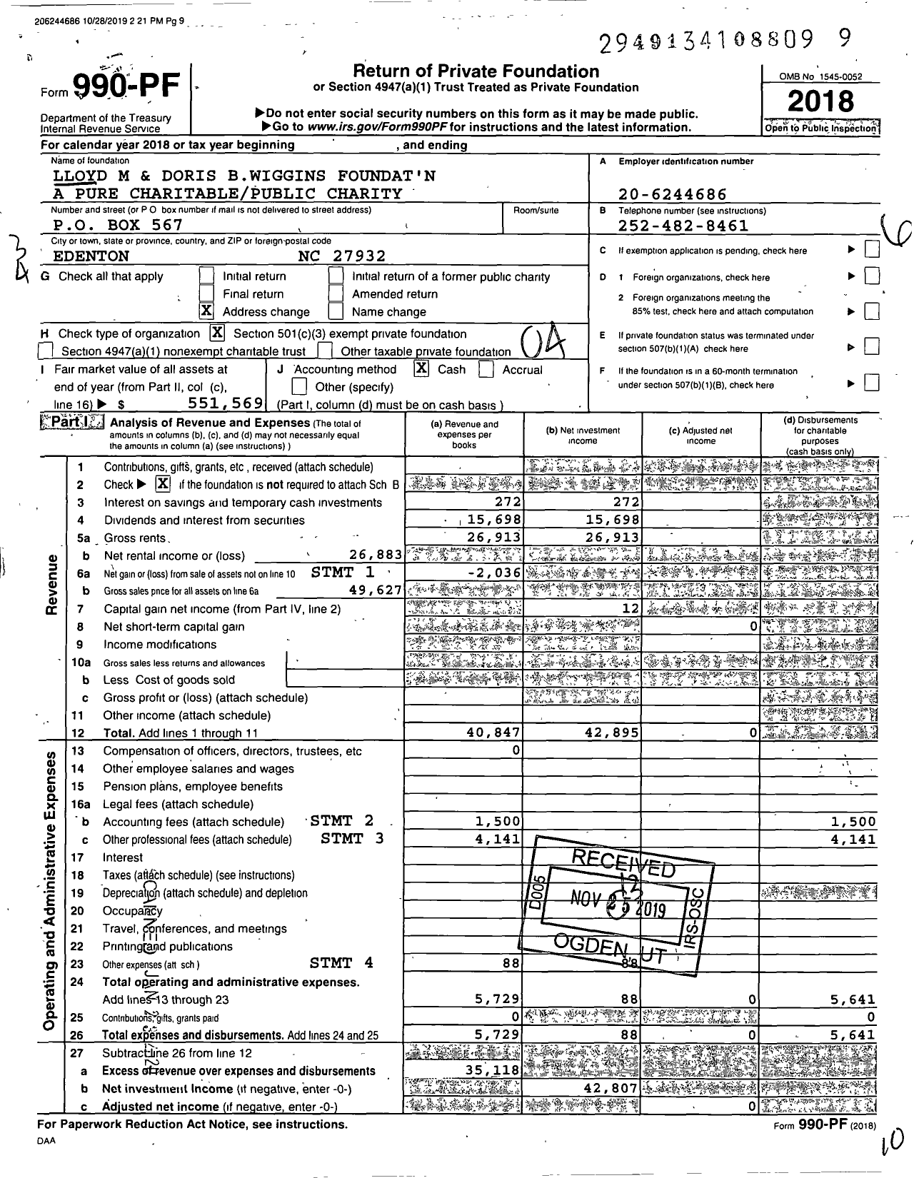 Image of first page of 2018 Form 990PF for Lloyd M and Doris Bwiggins Foundat'n A Pure Charitable / Public Charity