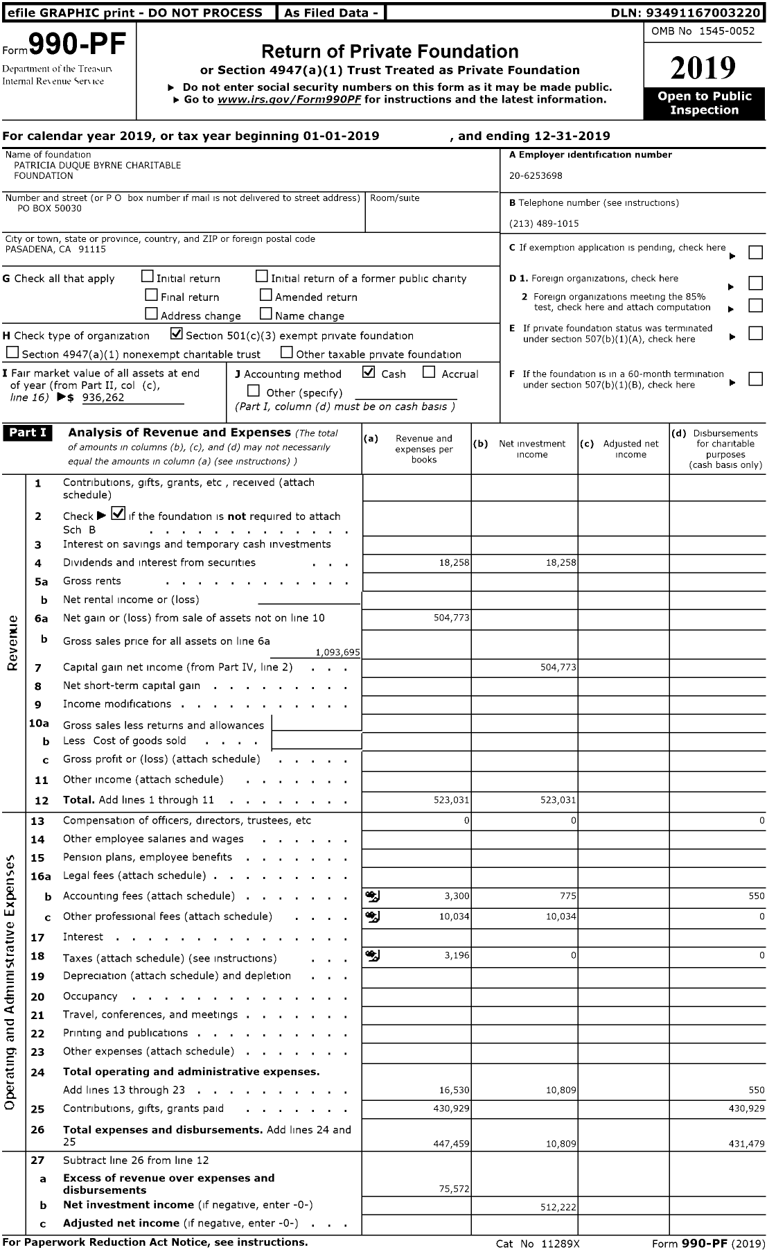 Image of first page of 2019 Form 990PR for Patricia Duque Byrne Charitable Foundation