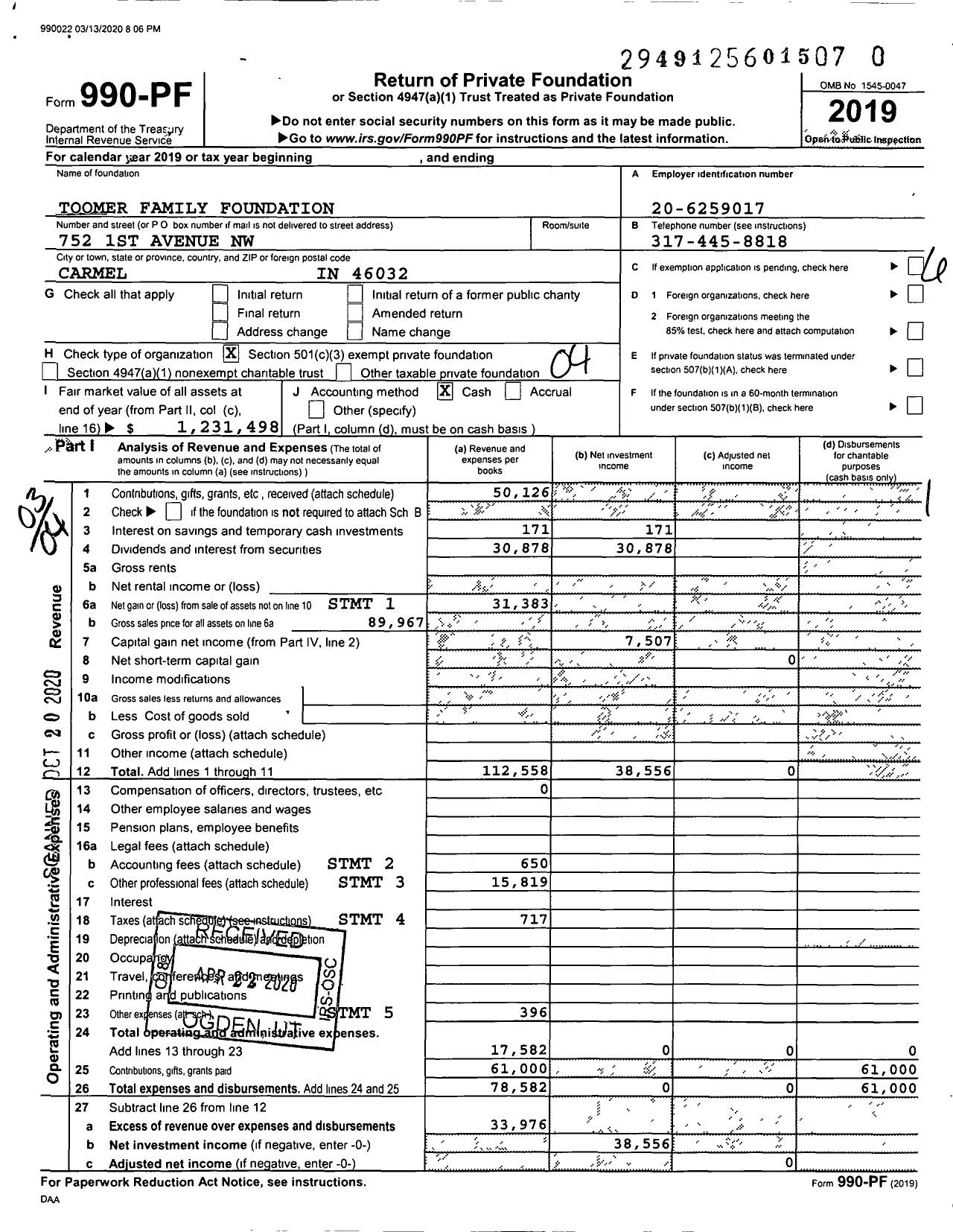 Image of first page of 2019 Form 990PR for Toomer Family Foundation Toomer