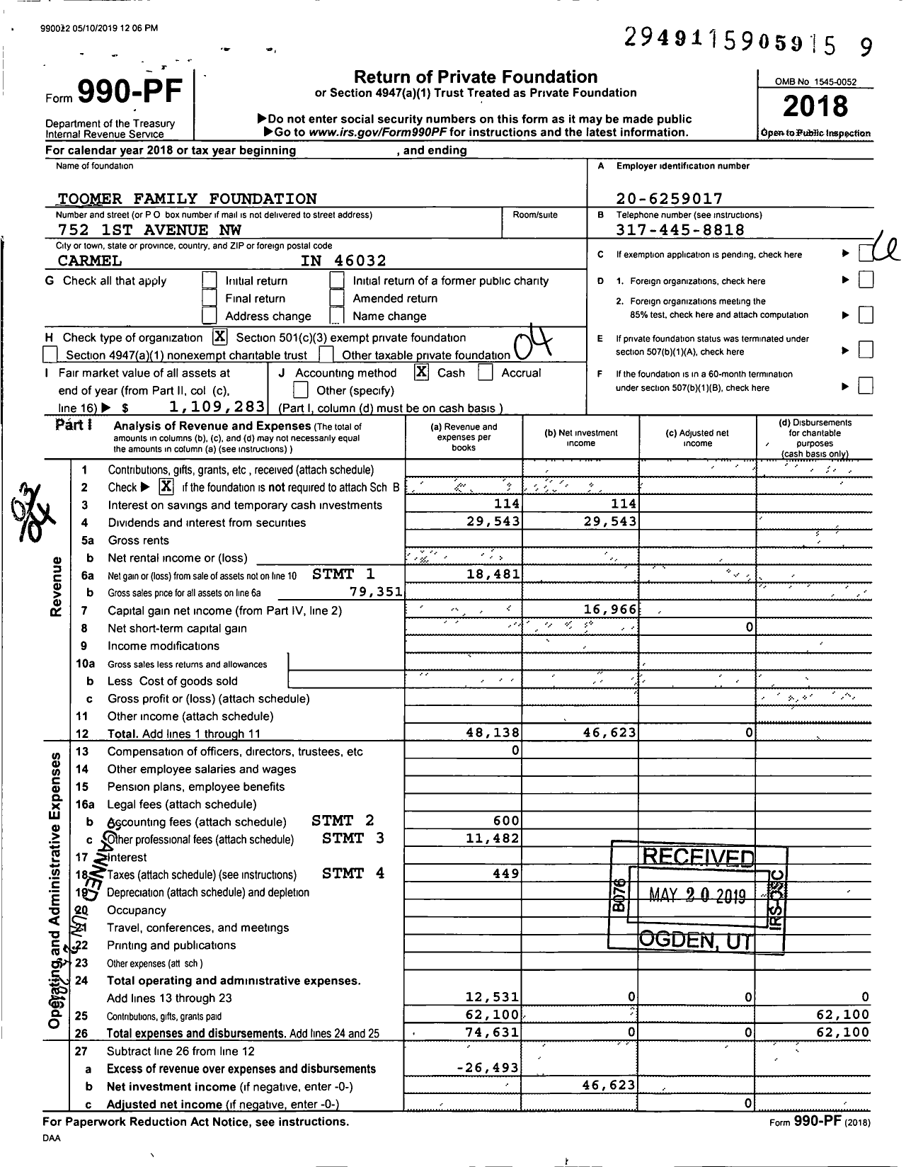 Image of first page of 2018 Form 990PF for Toomer Family Foundation Toomer