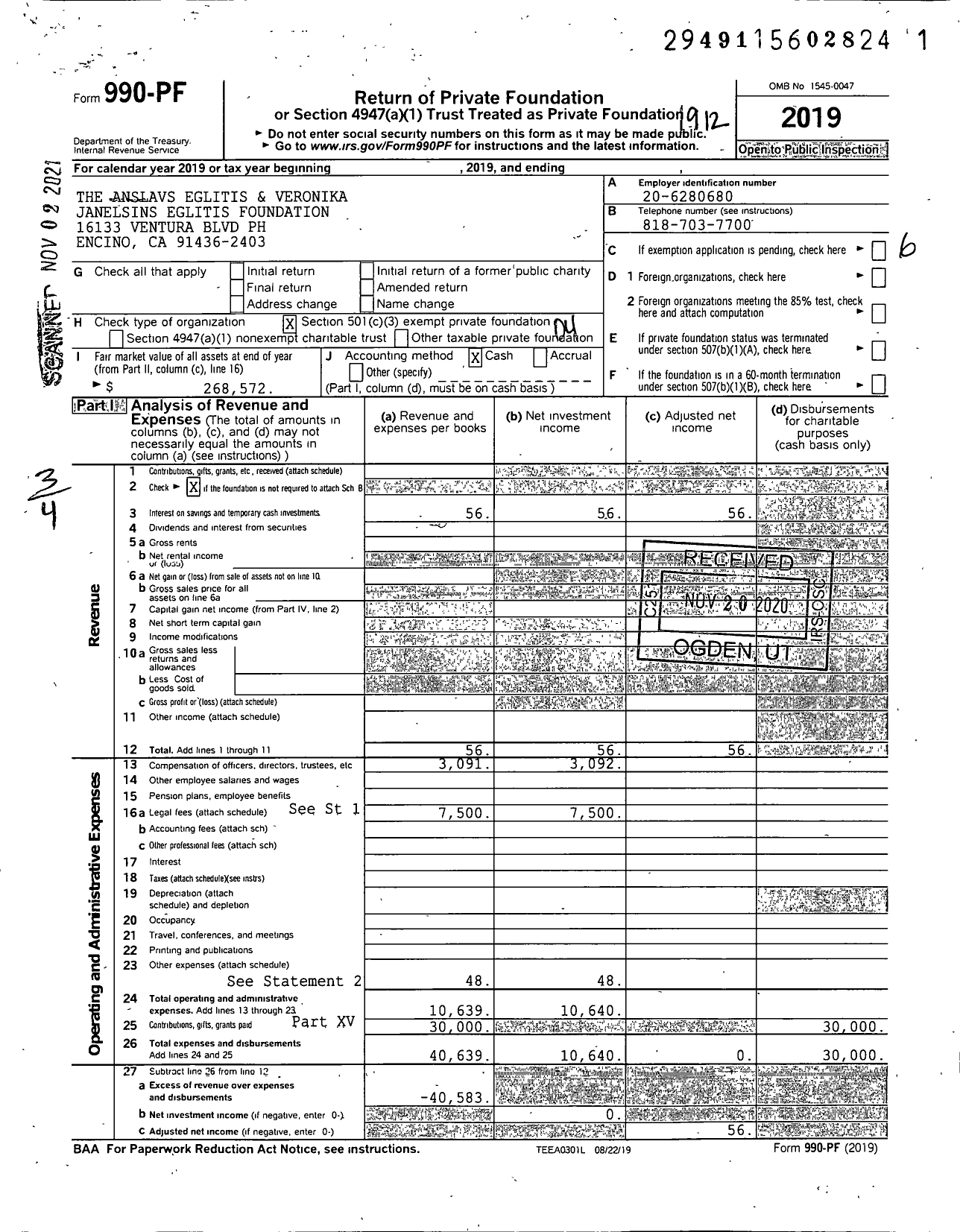 Image of first page of 2019 Form 990PF for The Anslavs Eglitis and Veronika Janelsins Eglitis Foundation