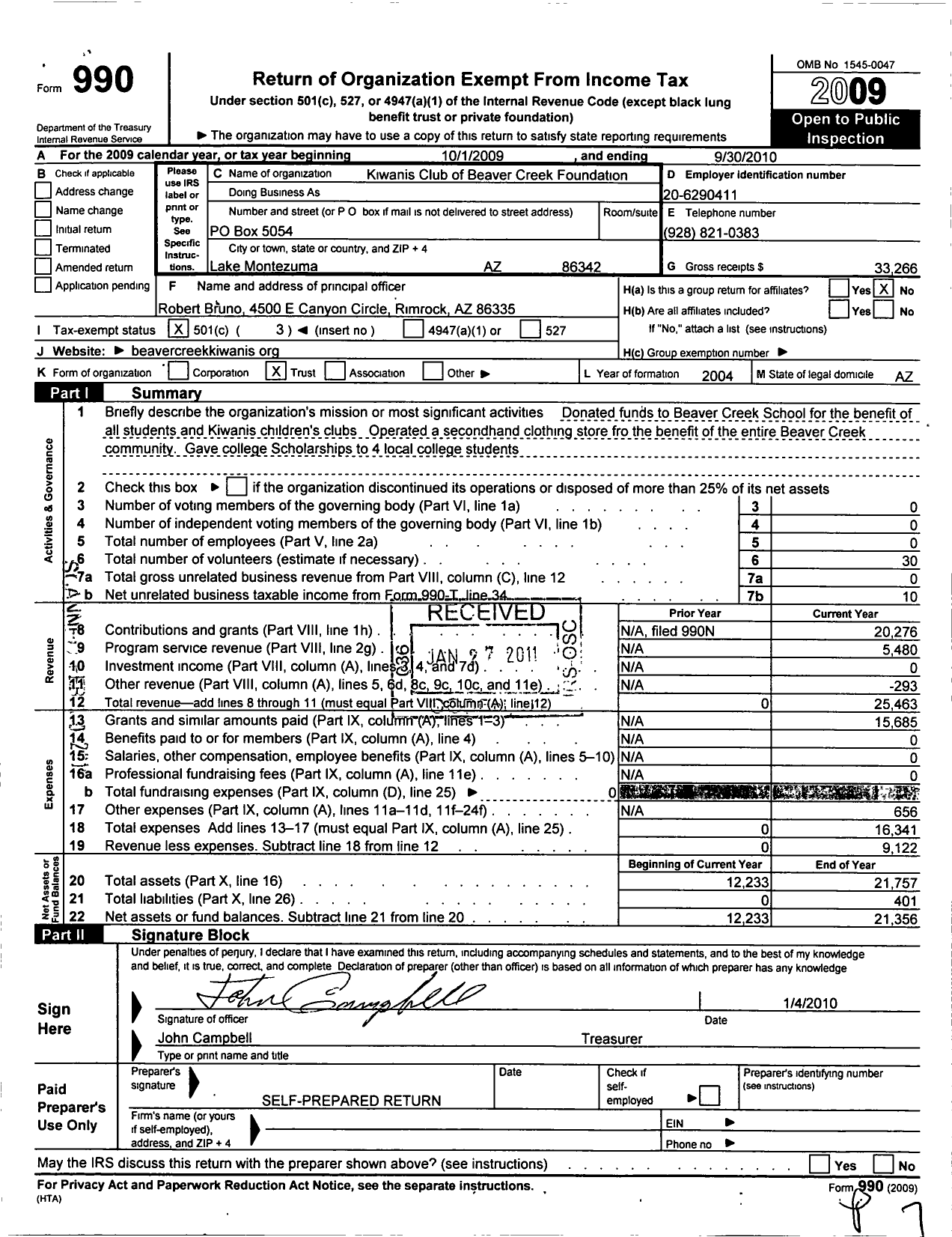 Image of first page of 2009 Form 990 for Southwest District Kiwanis Foundation / Beaver Creek Foundation