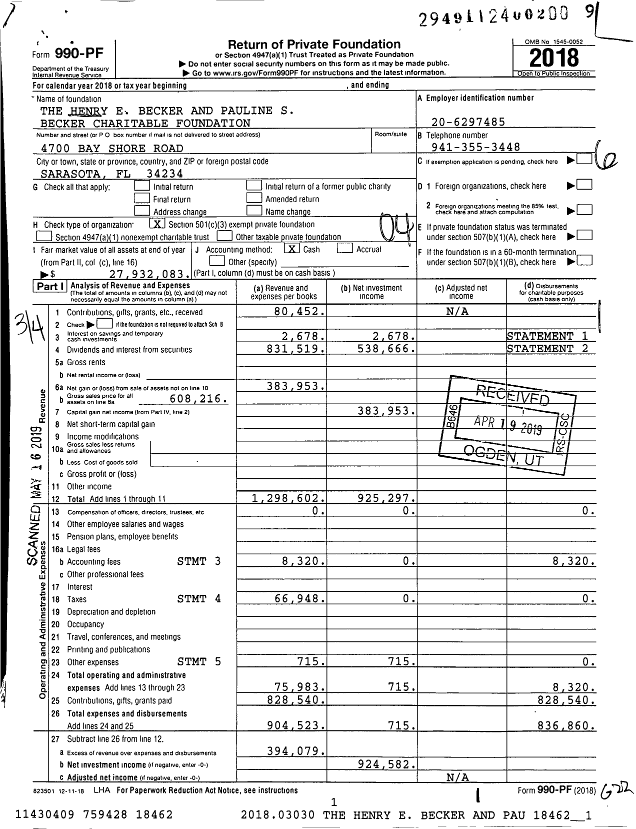 Image of first page of 2018 Form 990PF for The Henry E Becker and Pauline S Becker Charitable Foundation