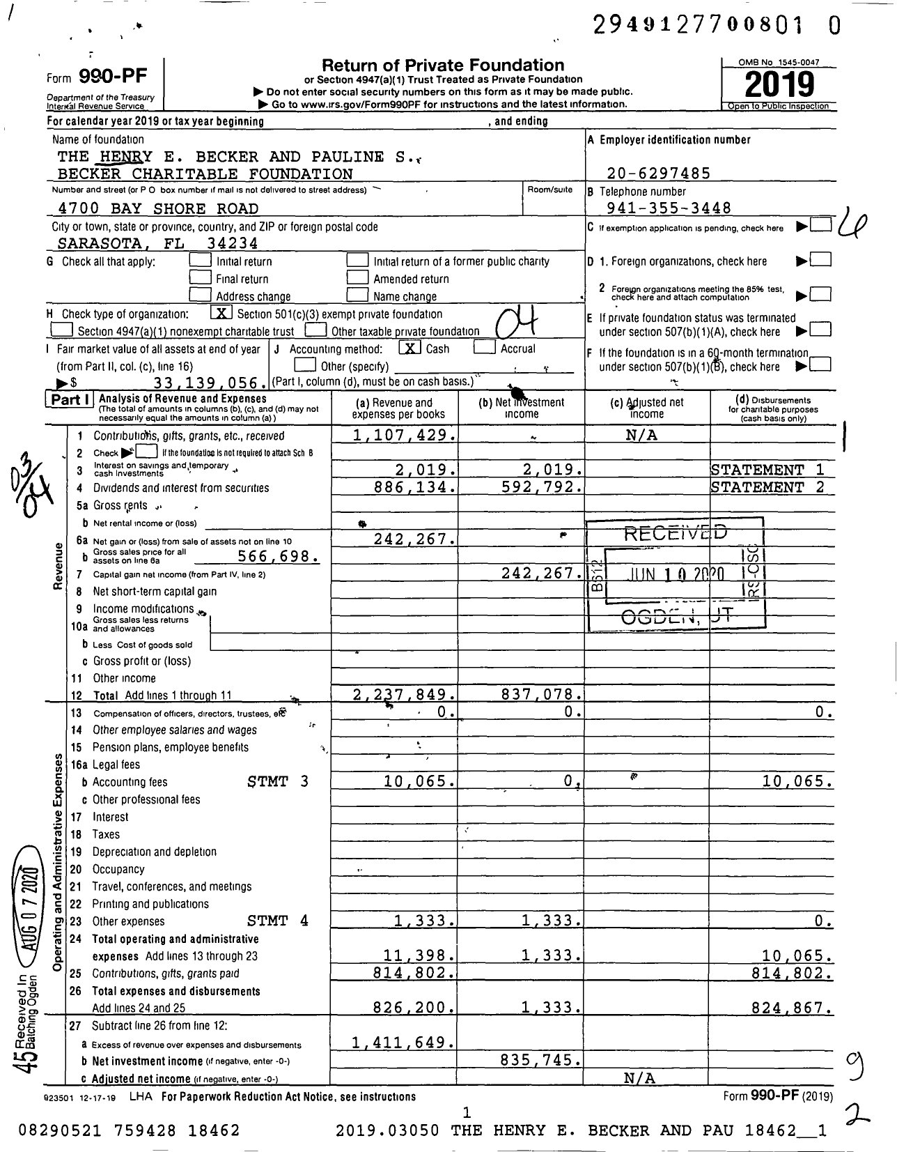 Image of first page of 2019 Form 990PF for The Henry E Becker and Pauline S Becker Charitable Foundation