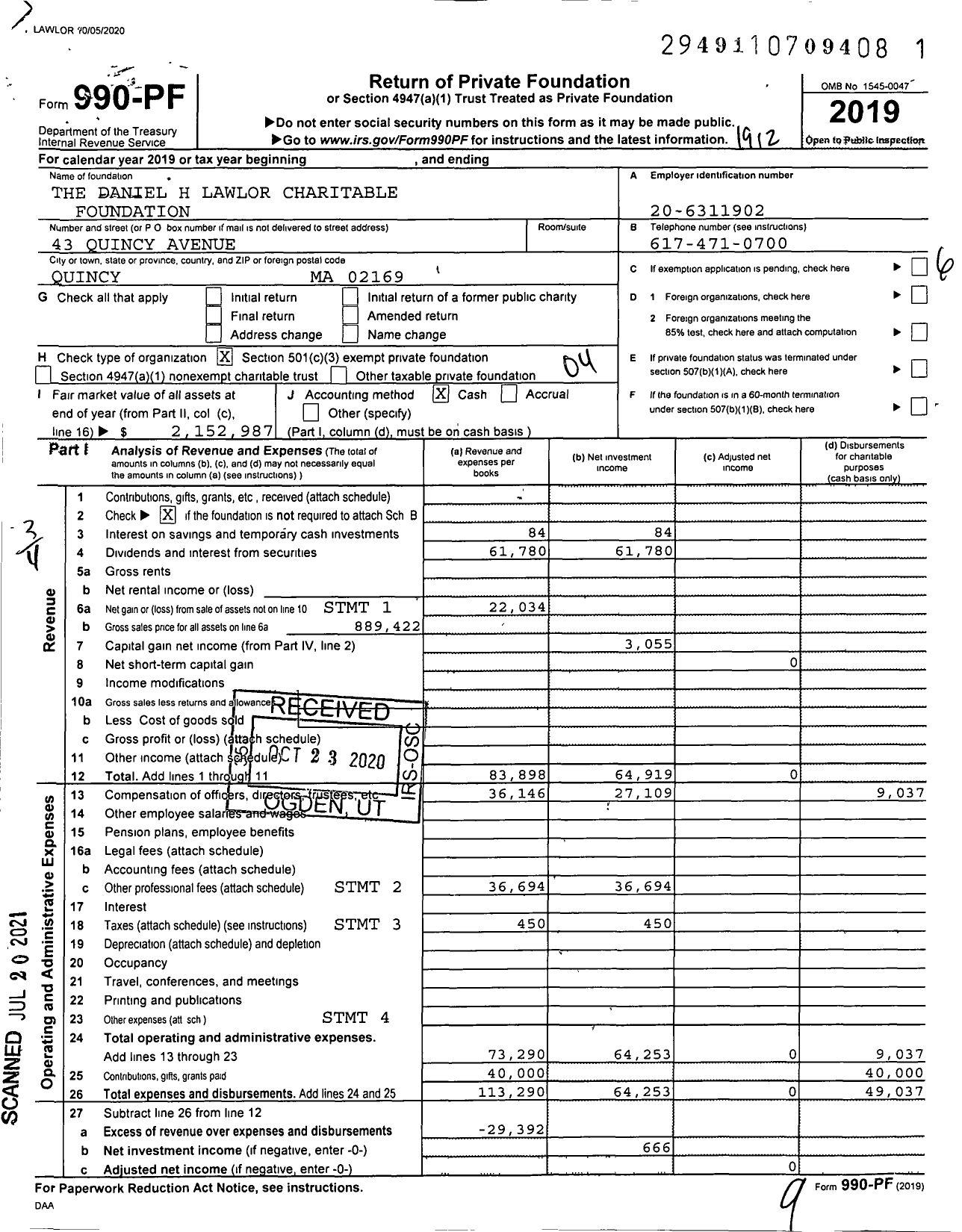 Image of first page of 2019 Form 990PF for The Daniel H Lawlor Charitable Foundation