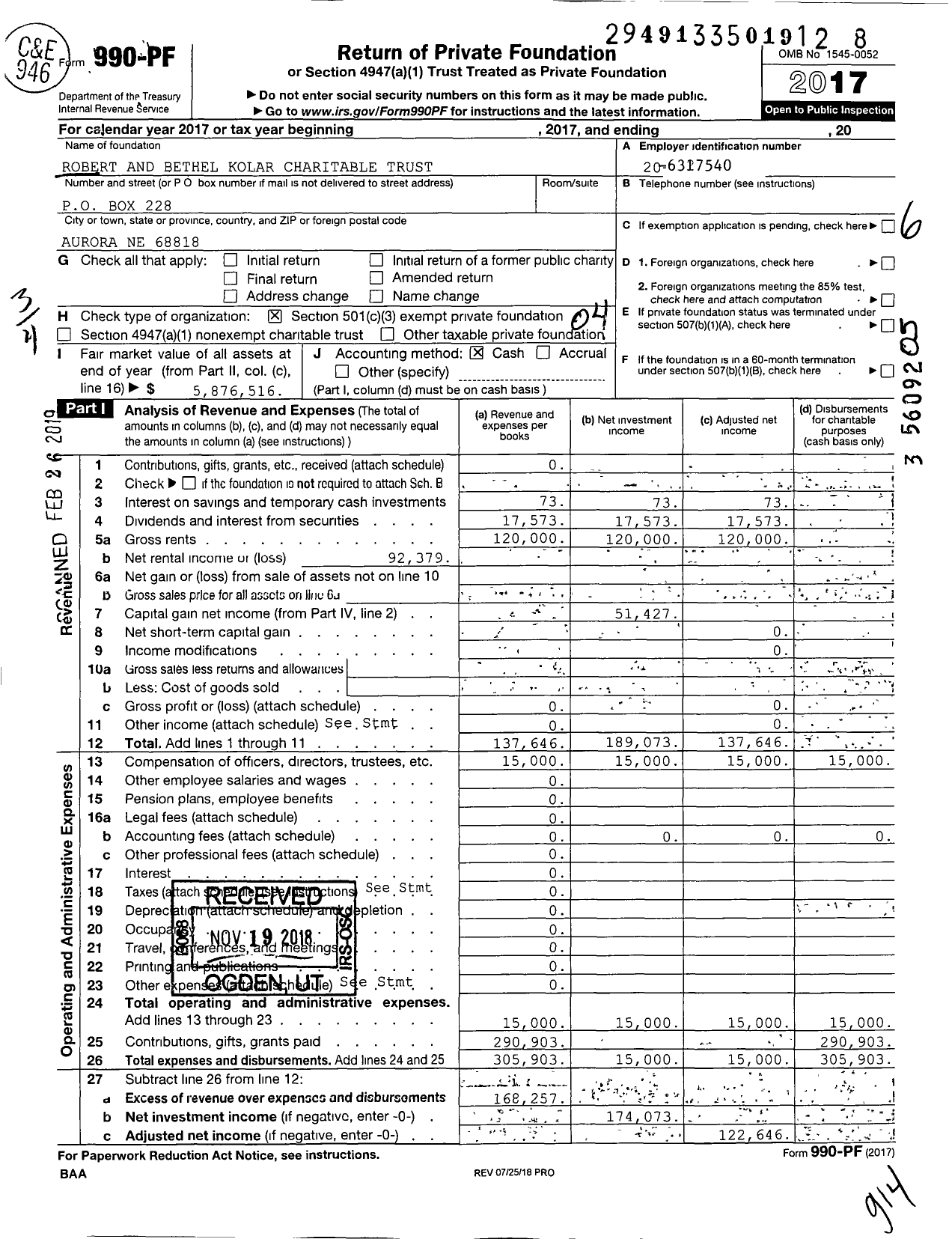 Image of first page of 2017 Form 990PF for Robert and Bethel Kolar Charitable Trust