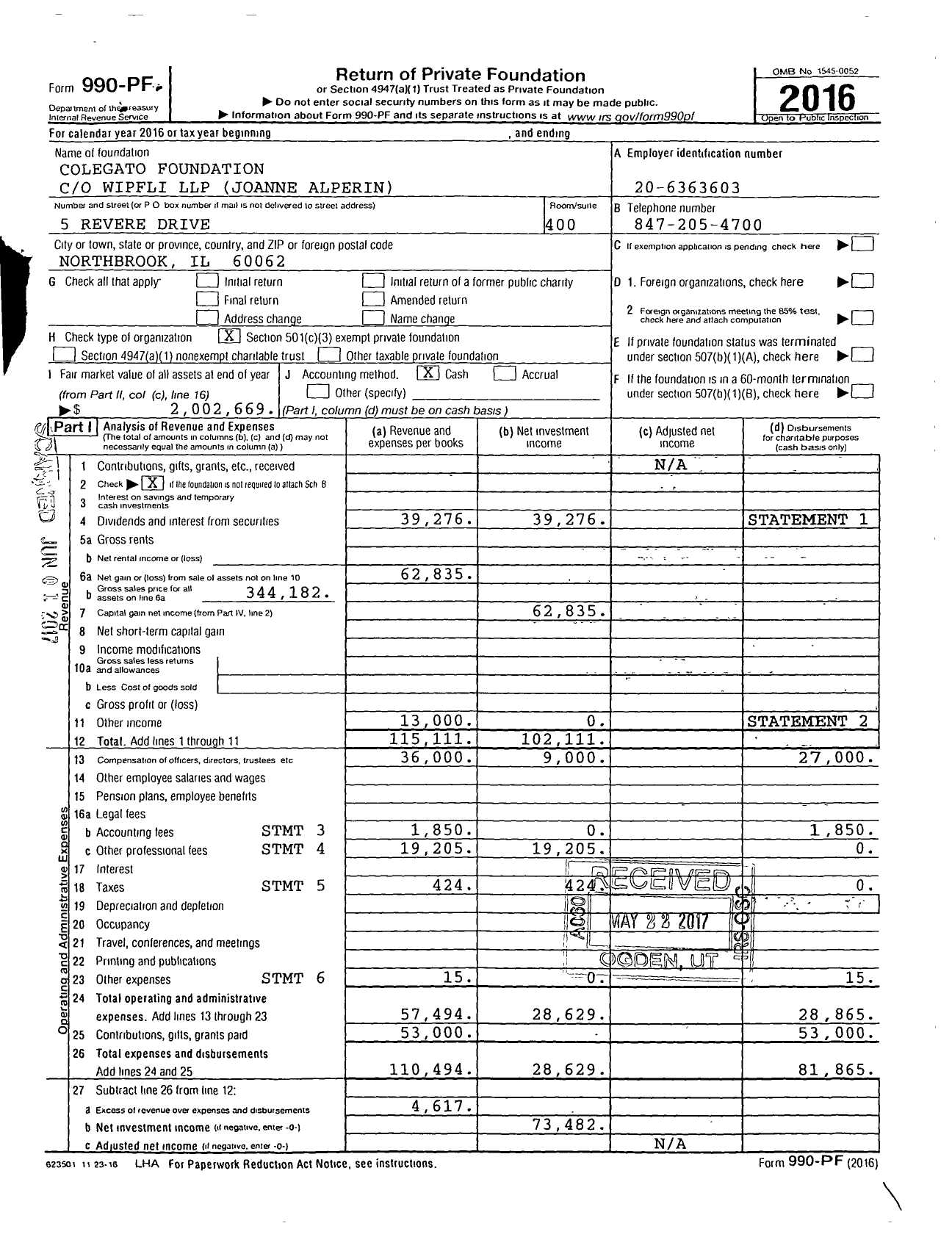Image of first page of 2016 Form 990PF for Colegato Foundation