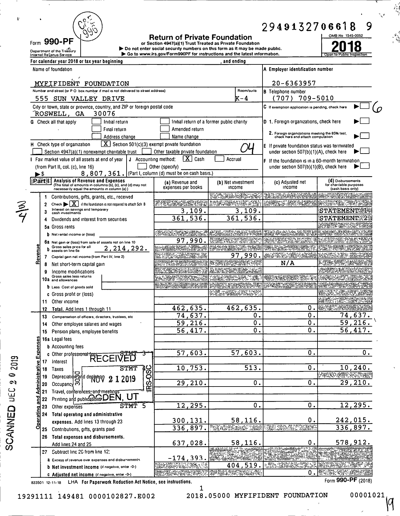 Image of first page of 2018 Form 990PF for Myfifident Foundation