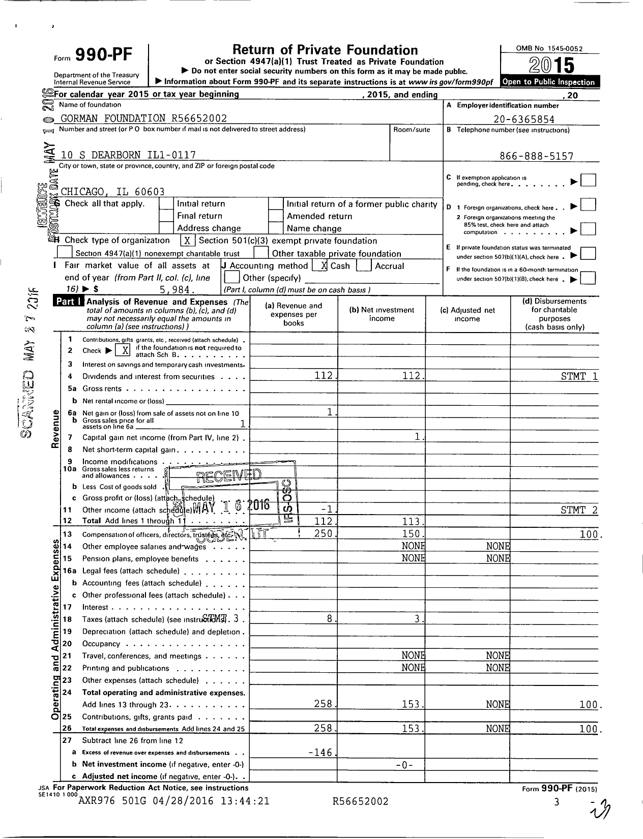 Image of first page of 2015 Form 990PF for Gorman Foundation XXXXX 2002