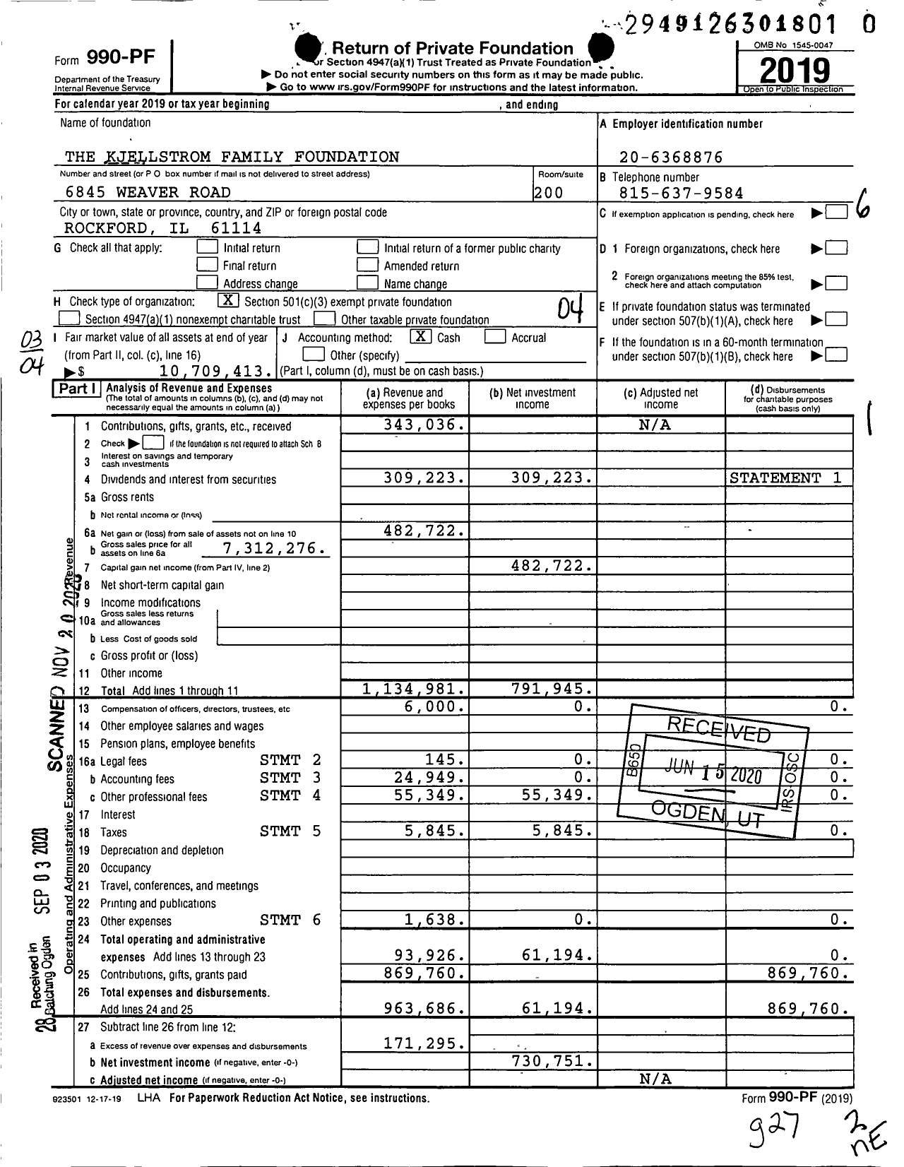 Image of first page of 2019 Form 990PF for The Kjellstrom Family Foundation