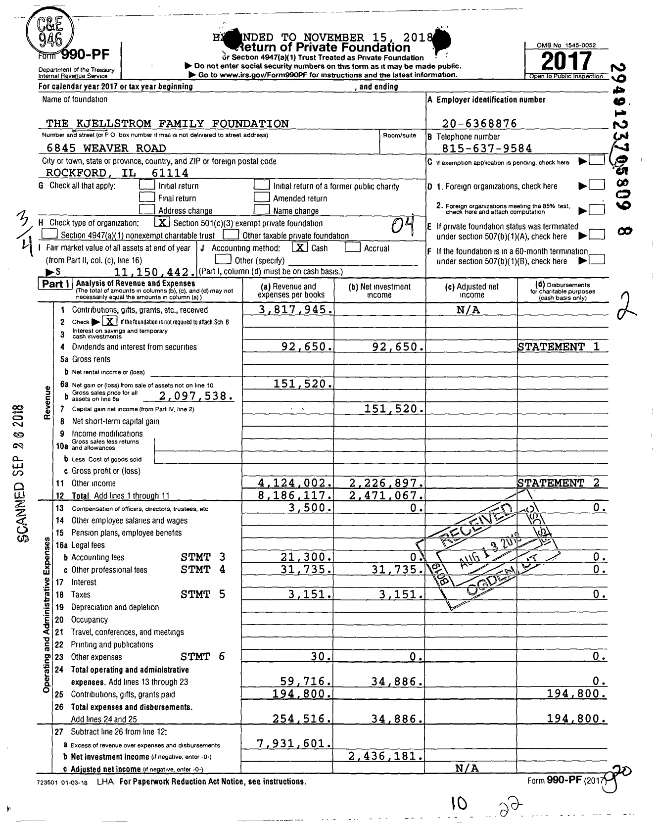 Image of first page of 2017 Form 990PF for The Kjellstrom Family Foundation