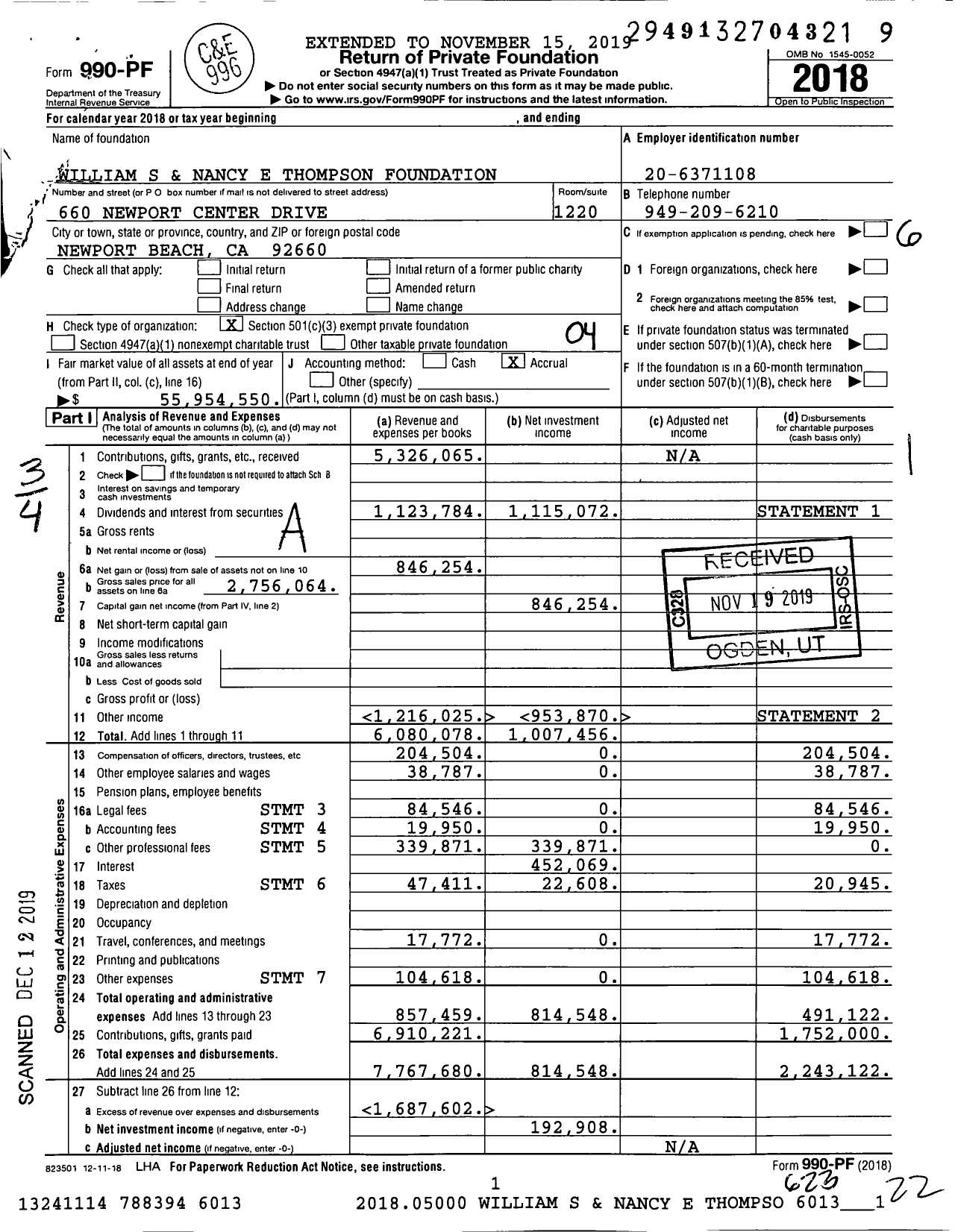 Image of first page of 2018 Form 990PF for William S and Nancy E Thompson Foundation