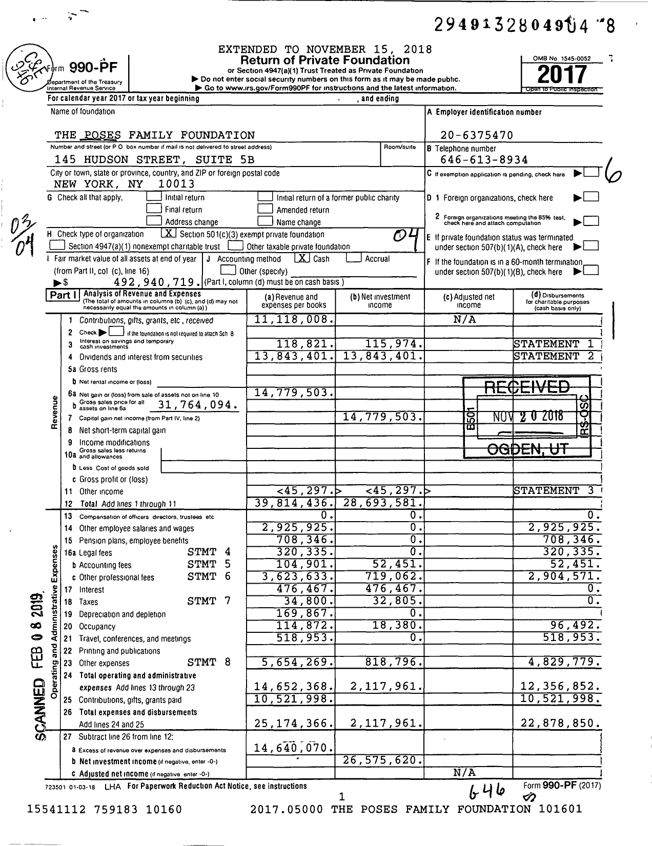 Image of first page of 2017 Form 990PF for Poses Family Foundation