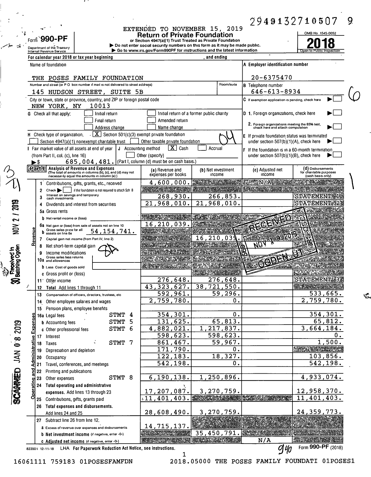 Image of first page of 2018 Form 990PF for Poses Family Foundation