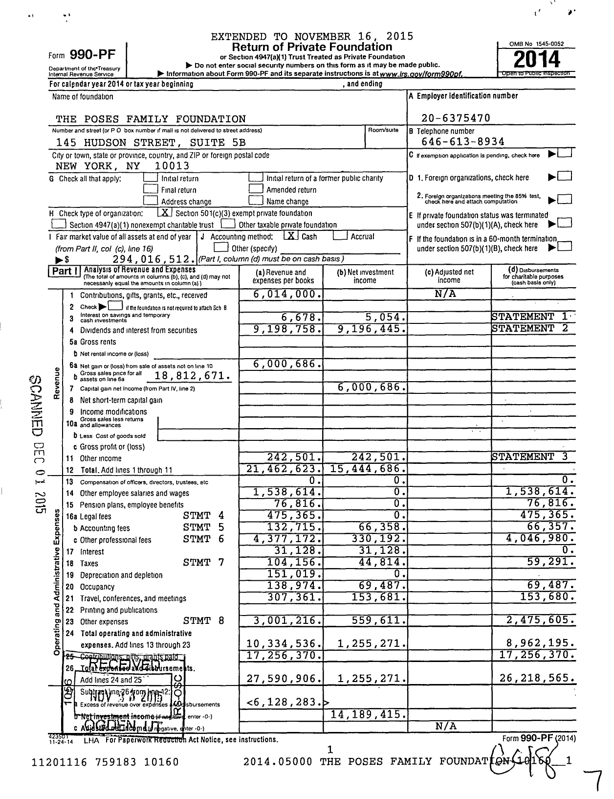 Image of first page of 2014 Form 990PF for Poses Family Foundation
