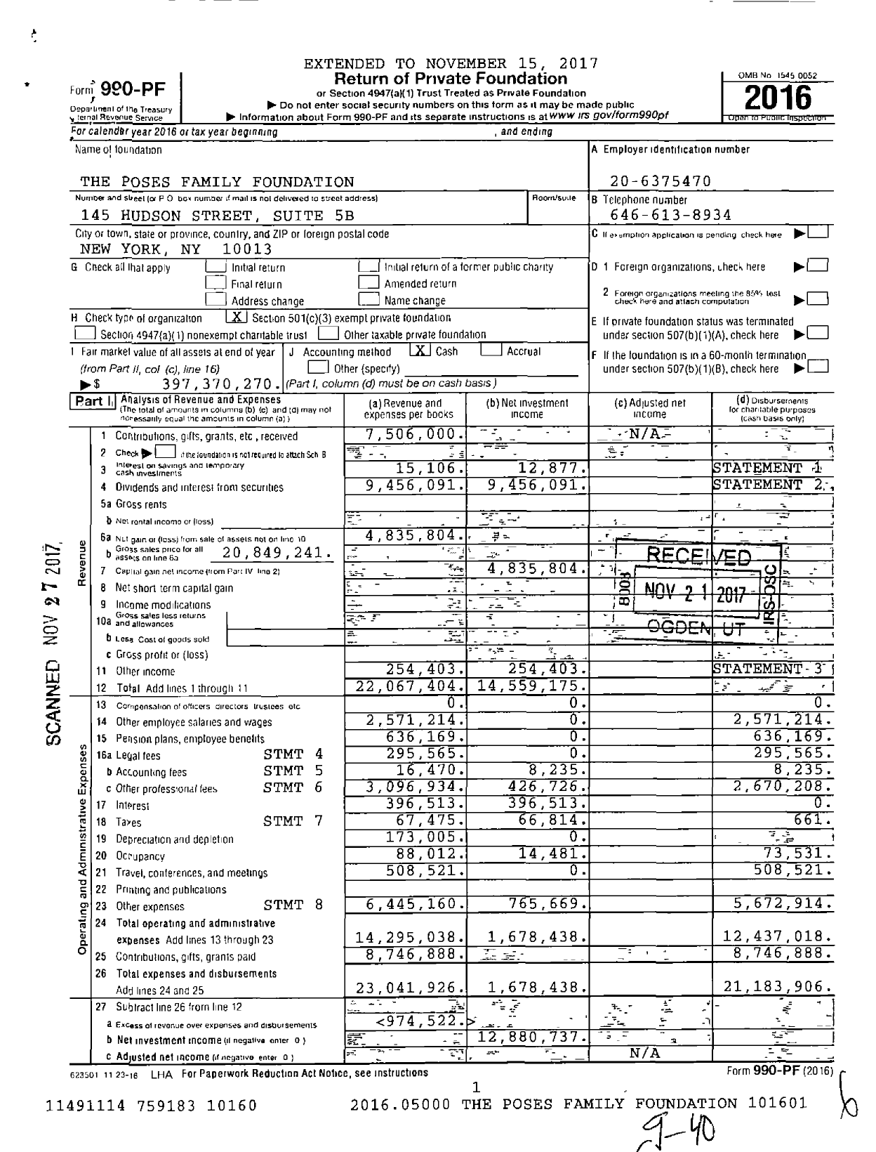 Image of first page of 2016 Form 990PF for Poses Family Foundation