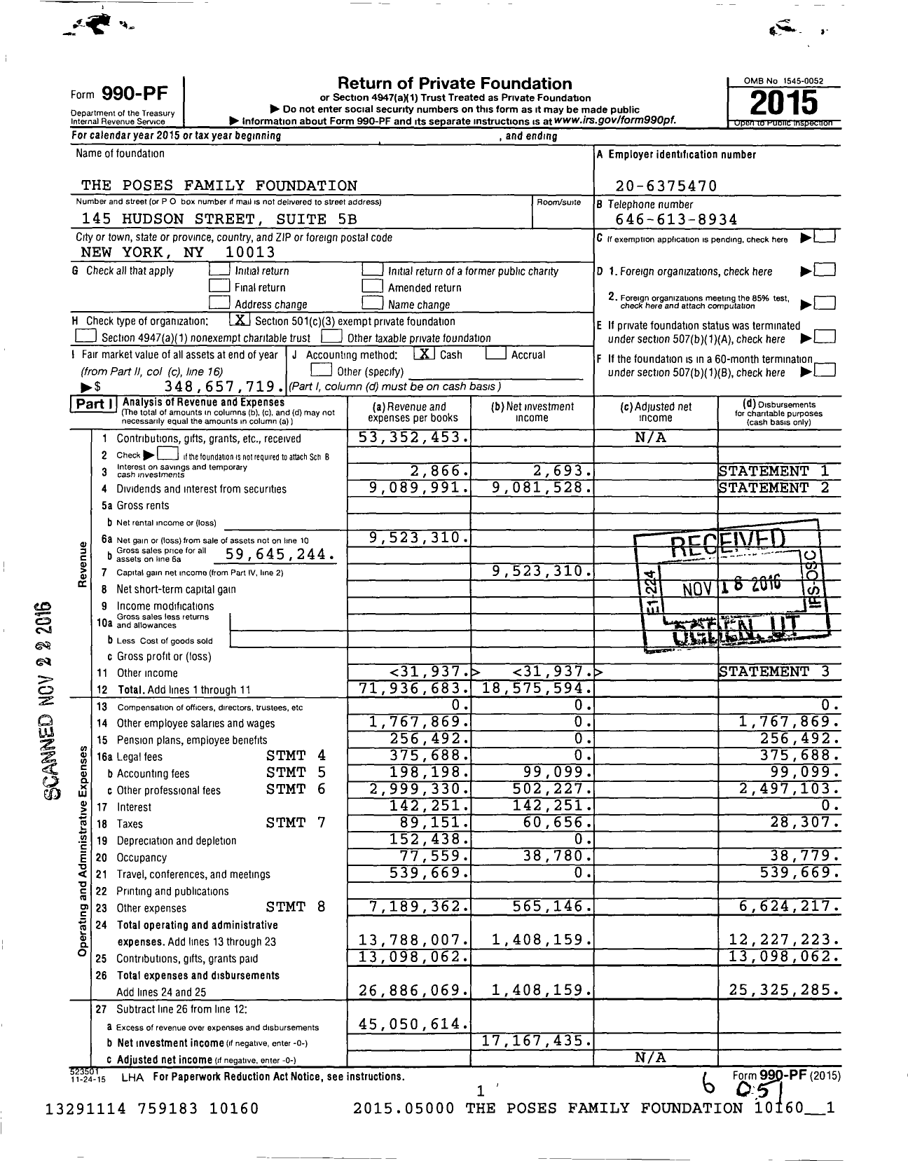 Image of first page of 2015 Form 990PF for Poses Family Foundation