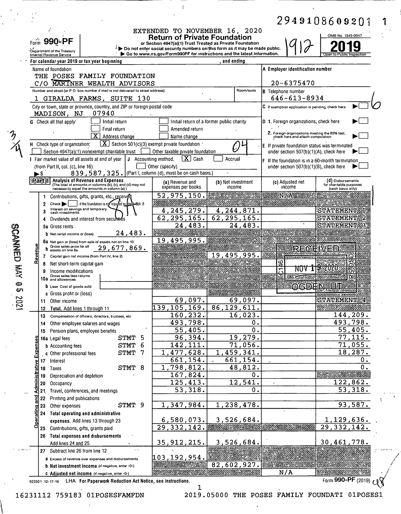 Image of first page of 2019 Form 990PF for Poses Family Foundation