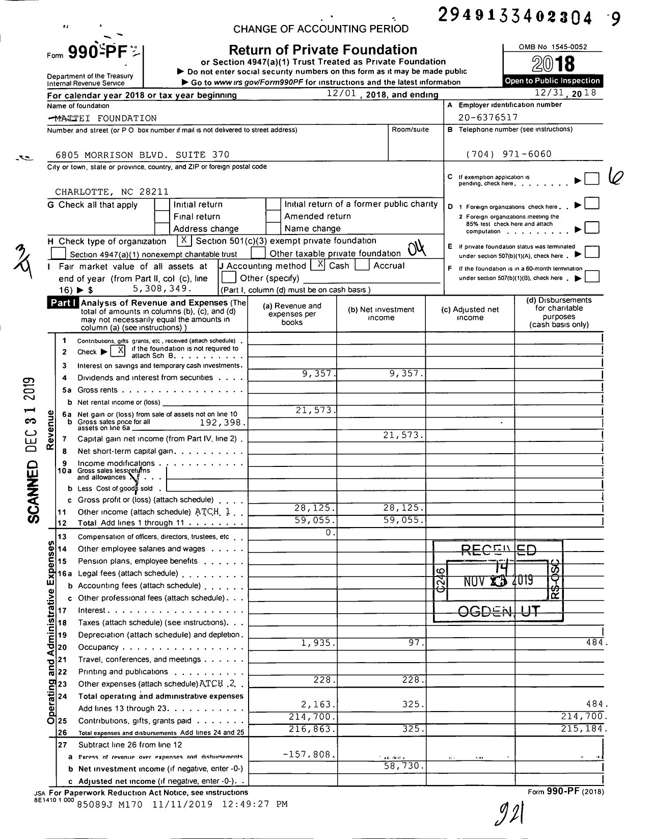 Image of first page of 2018 Form 990PF for Mattei Foundation