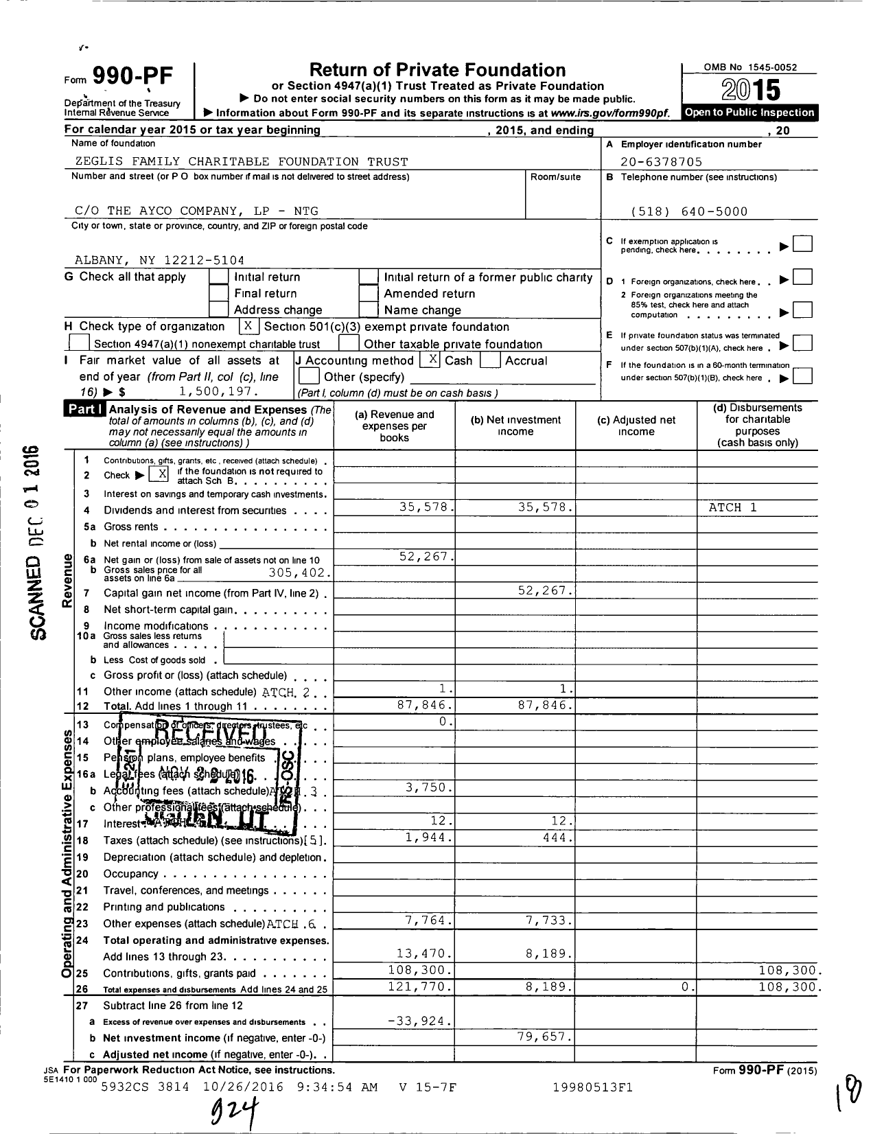 Image of first page of 2015 Form 990PF for Zeglis Family Charitable Foundation Trust