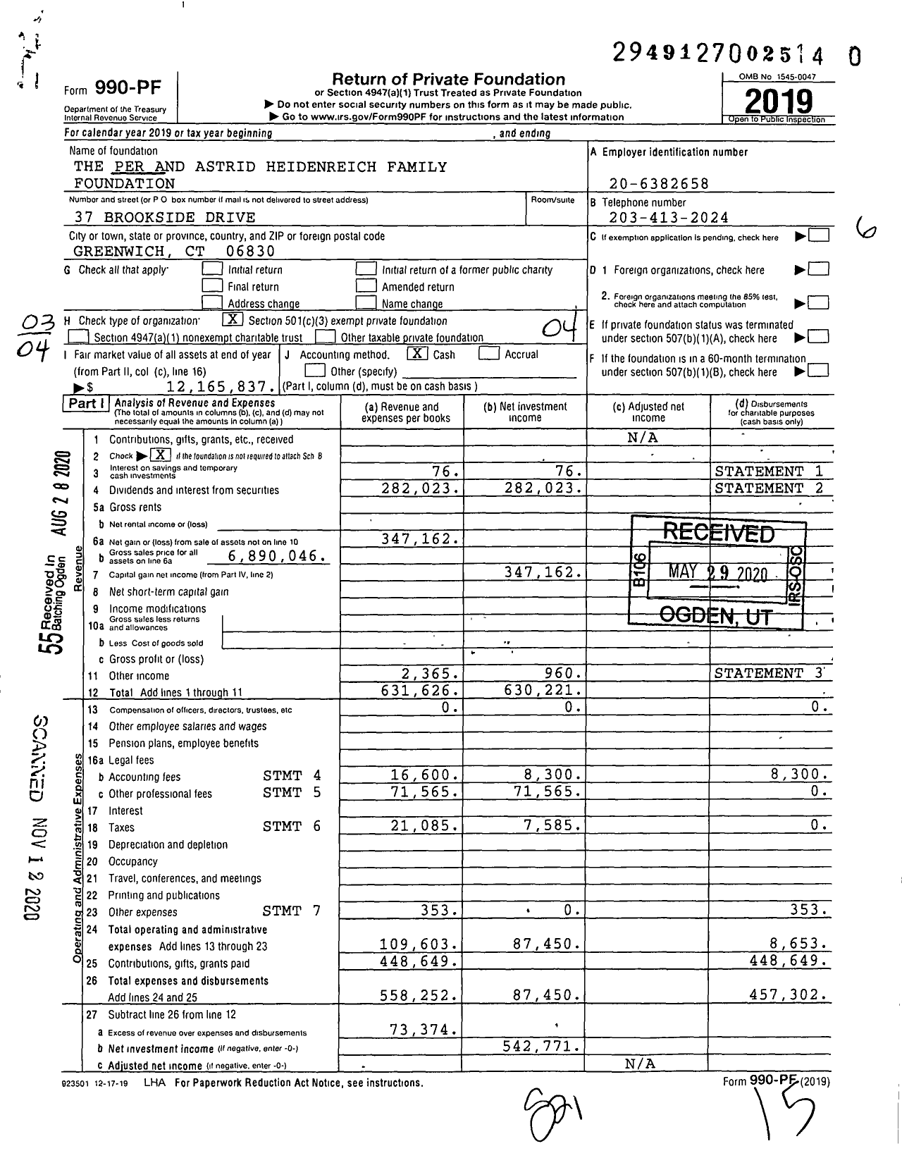 Image of first page of 2019 Form 990PF for The Per and Astrid Heidenreich Family Foundation