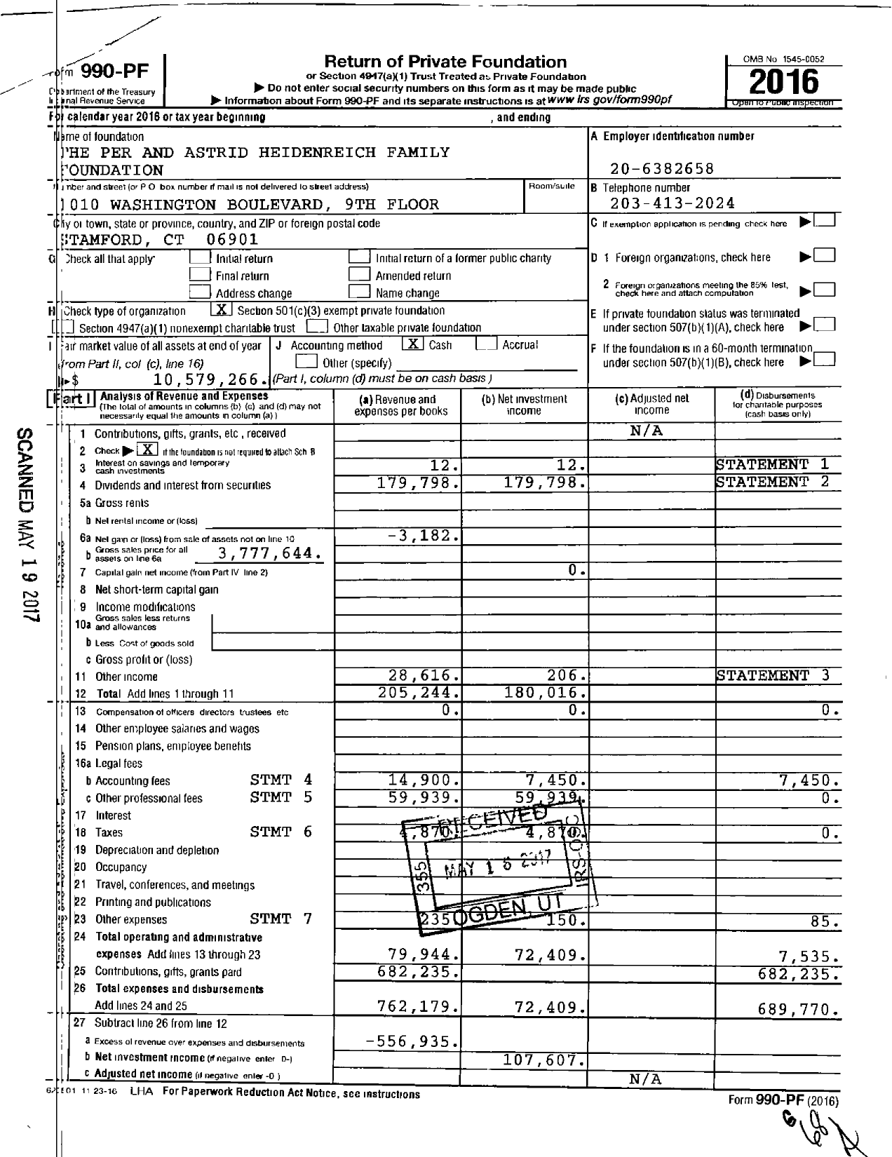 Image of first page of 2016 Form 990PF for The Per and Astrid Heidenreich Family Foundation