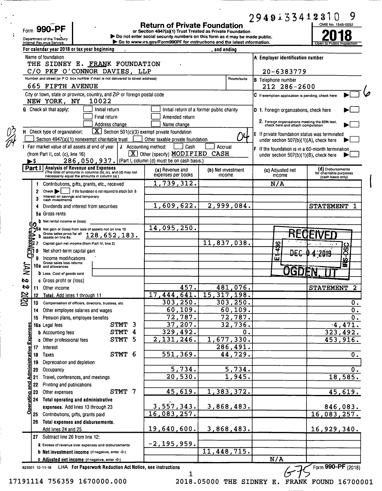 Image of first page of 2018 Form 990PF for Sidney E Frank Charitable Foundation