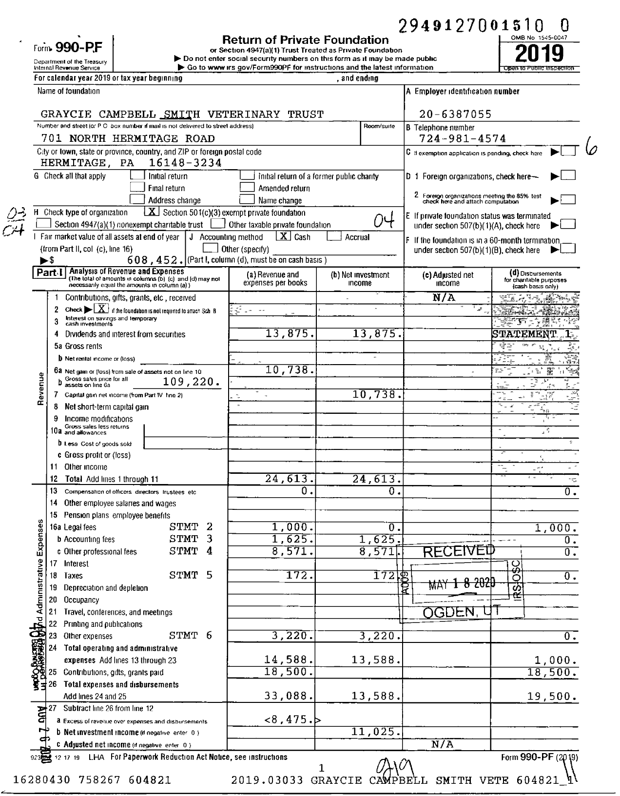 Image of first page of 2019 Form 990PF for Graycie Campbell Smith Veterinary Trust