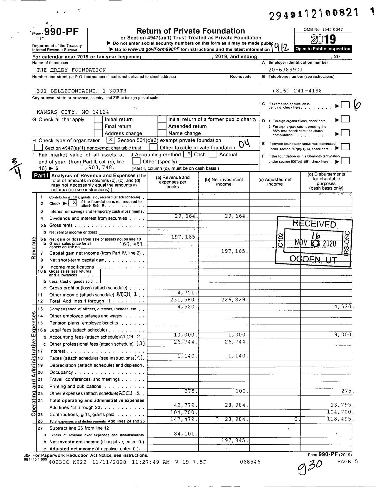 Image of first page of 2019 Form 990PF for Trudy Foundation