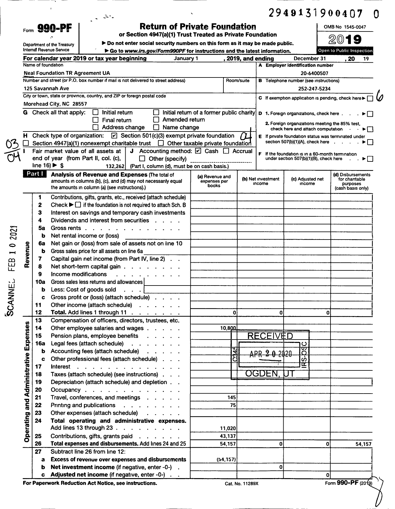 Image of first page of 2019 Form 990PF for Neal Foundation TR Agreement