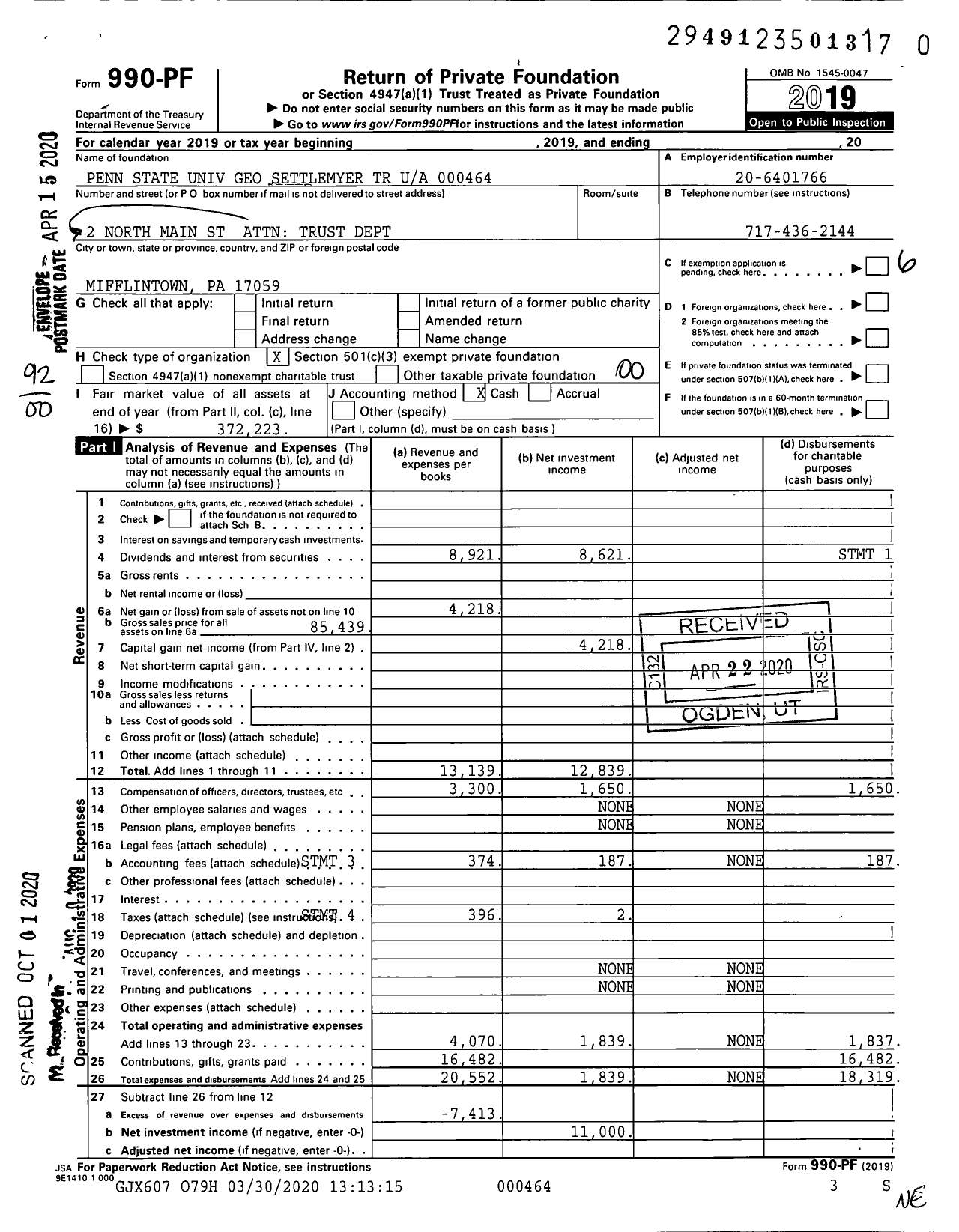 Image of first page of 2019 Form 990PR for Pennsylvania State University George Settlemyer Trust